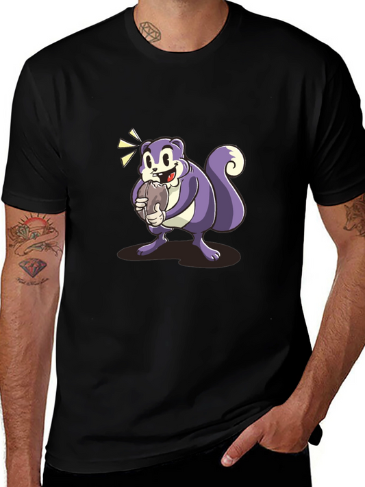 Cartoon Squirrel Graphic Tee - Black Cotton Blend