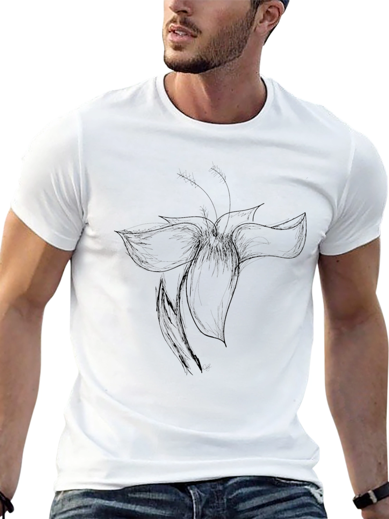 Black T-Shirt with Flower Sketch