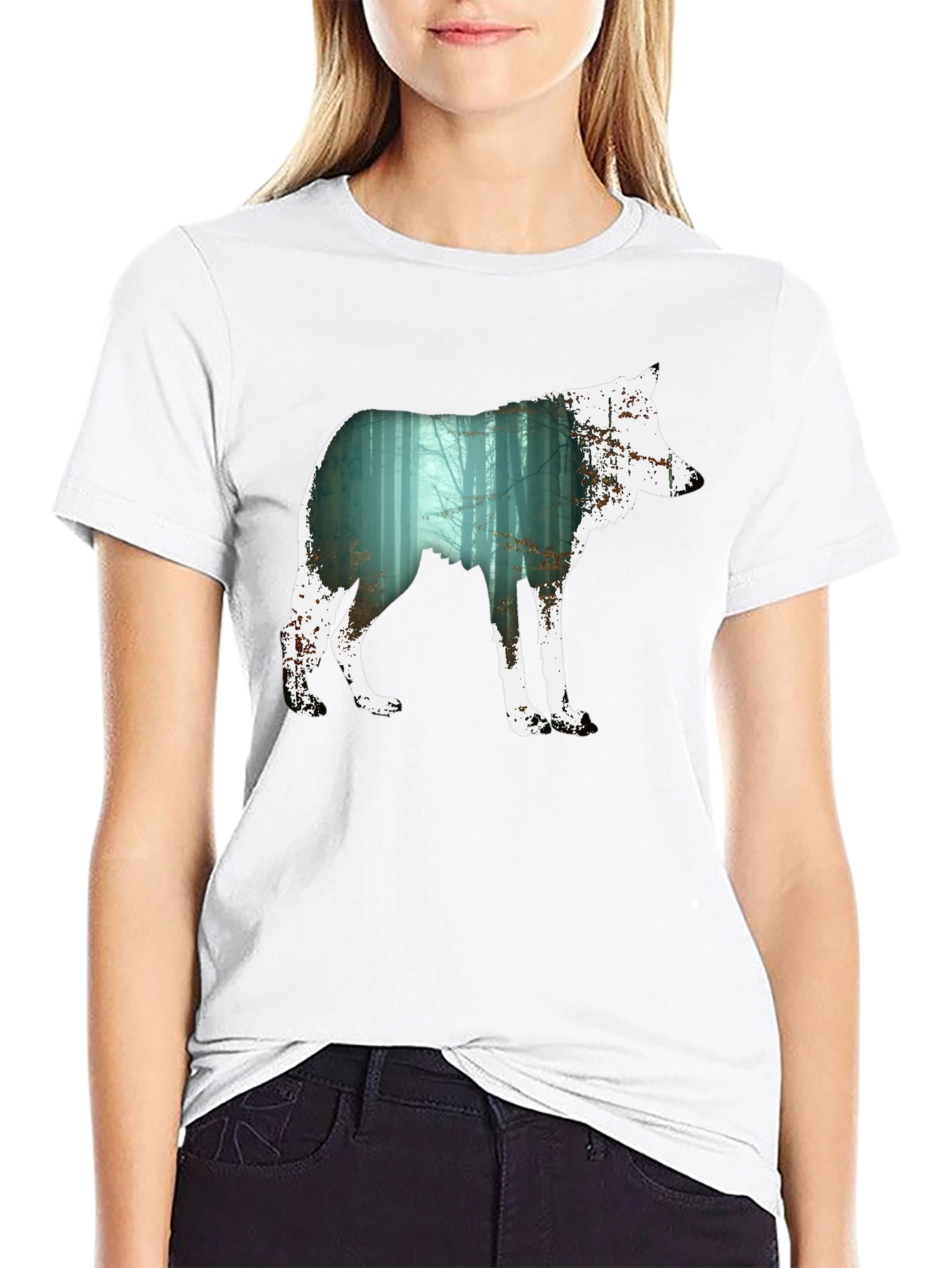 Wolf Silhouette Forest Graphic Tee - Black