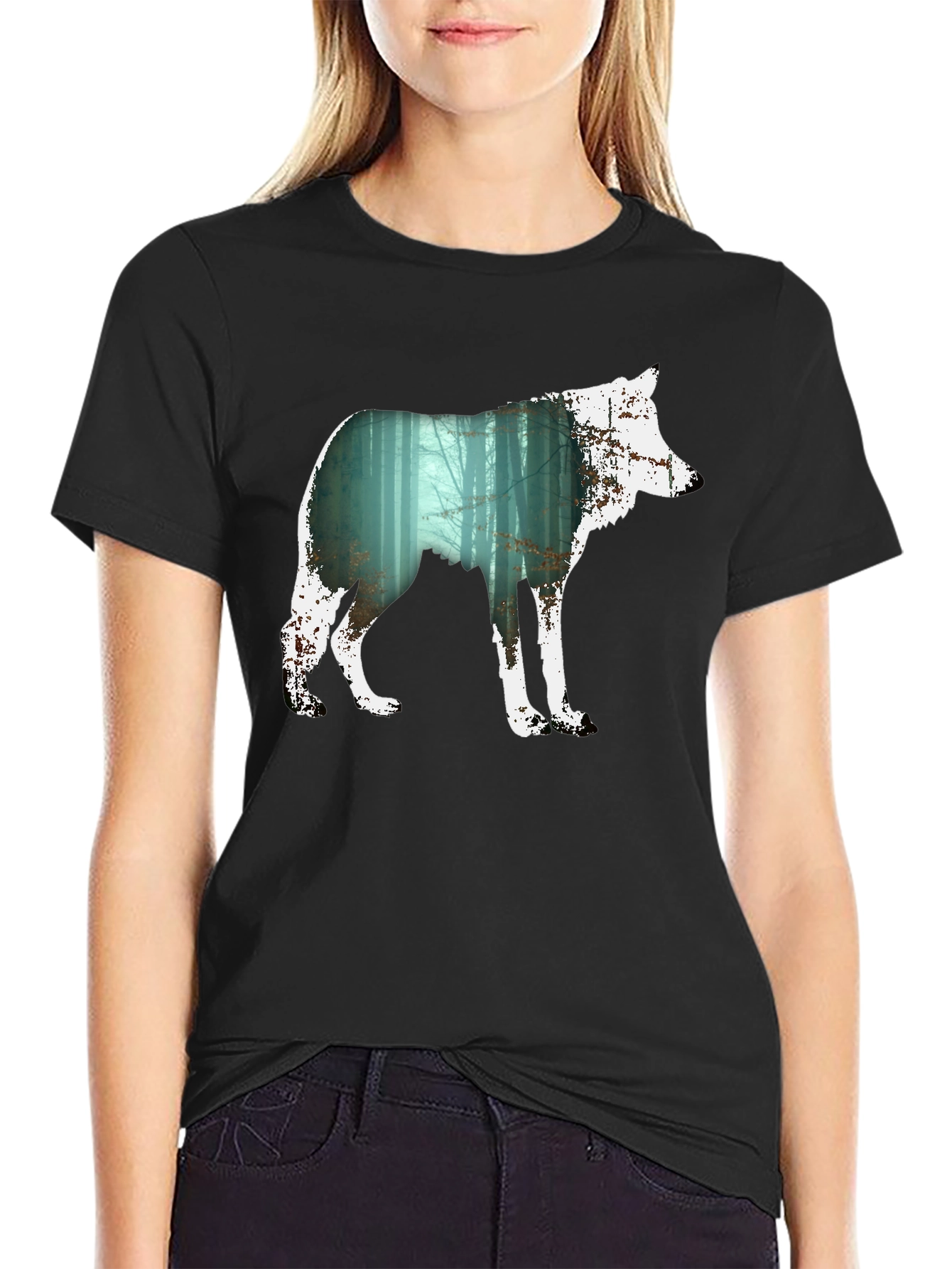 Wolf Silhouette Forest Graphic Tee - Black