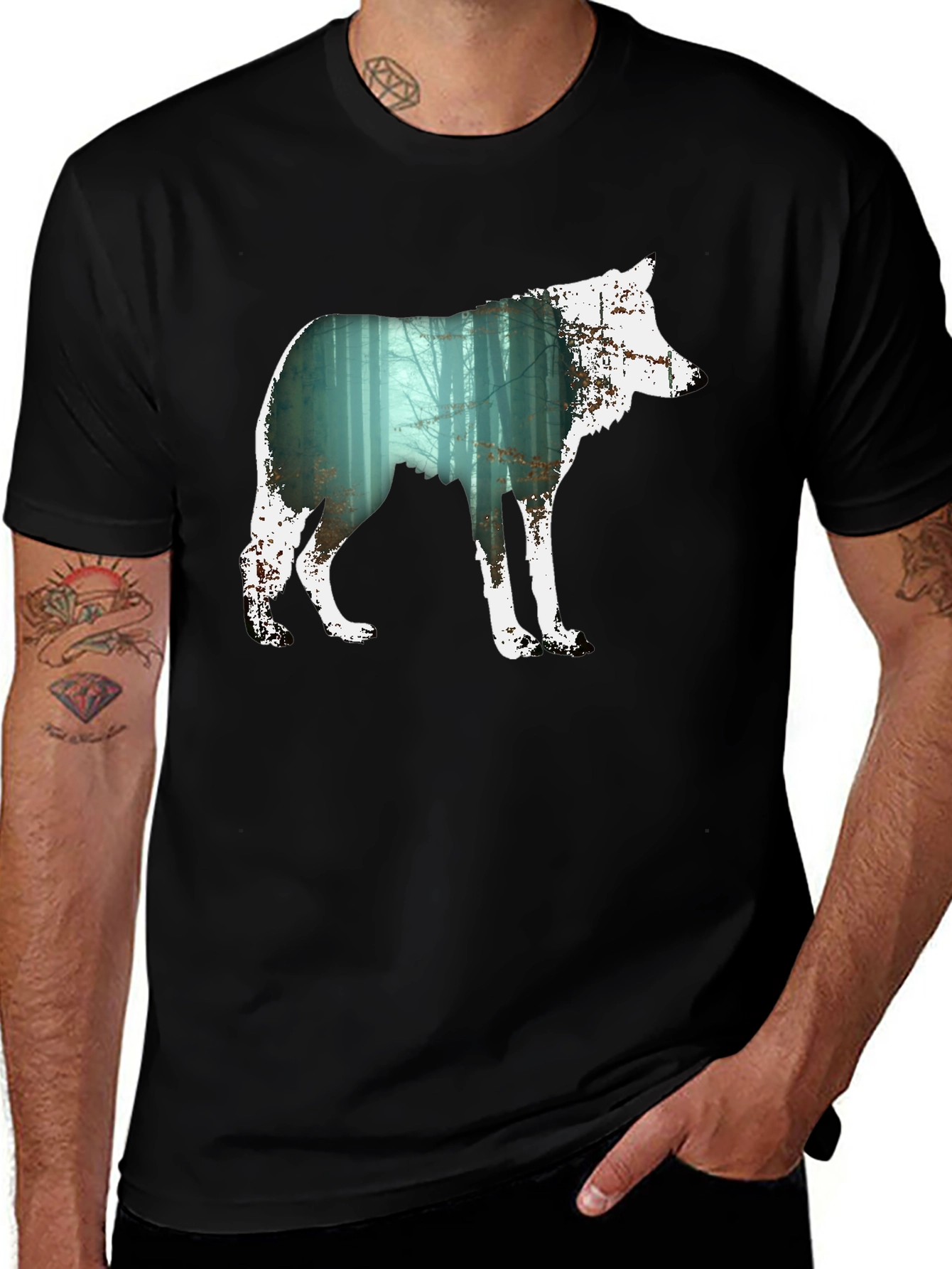 Wolf Silhouette Forest Graphic Tee - Black