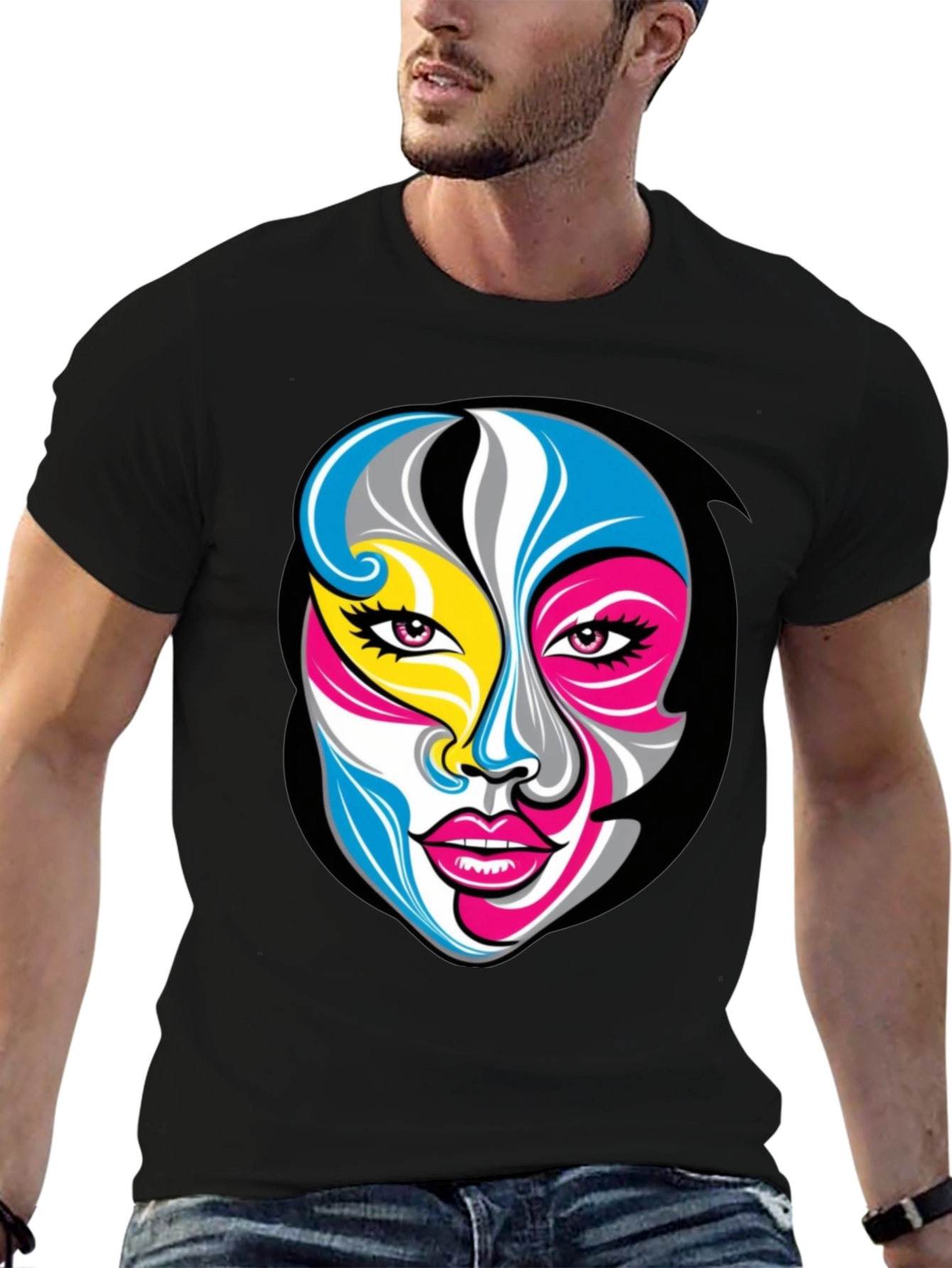 Abstract Face Graphic Tee - Unisex Black T-Shirt