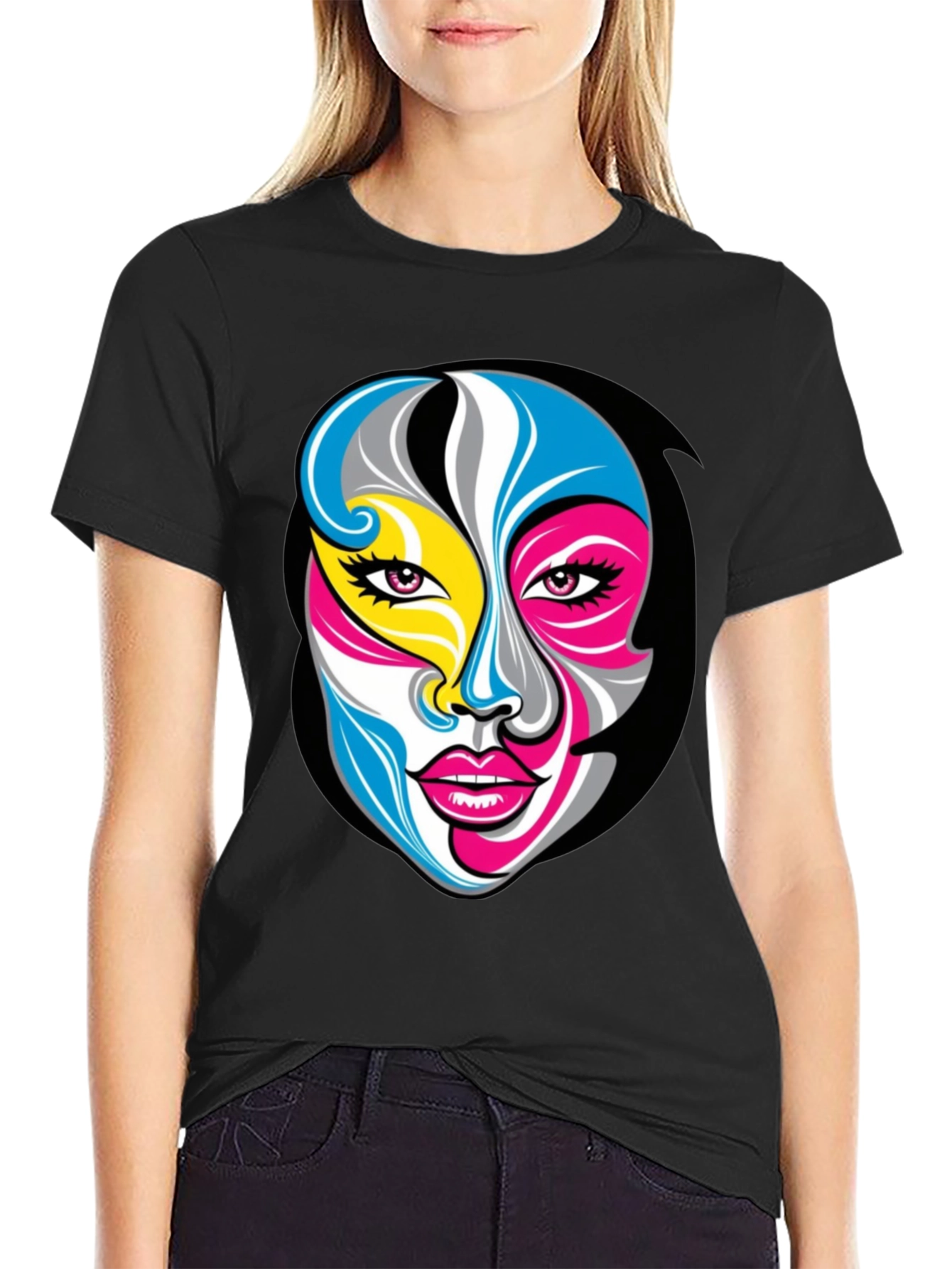 Abstract Face Graphic Tee - Unisex Black T-Shirt