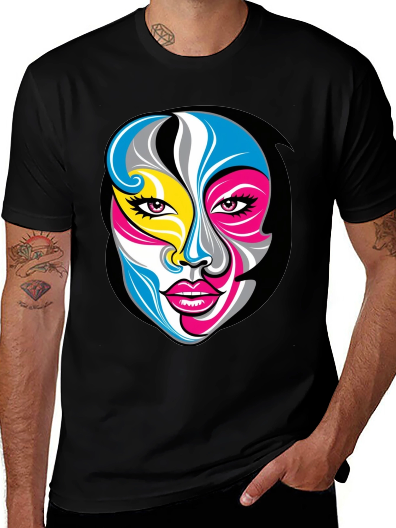 Abstract Face Graphic Tee - Unisex Black T-Shirt
