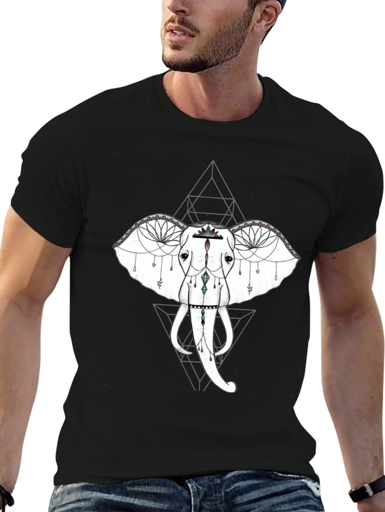 Geometric Elephant Graphic Tee - Black
