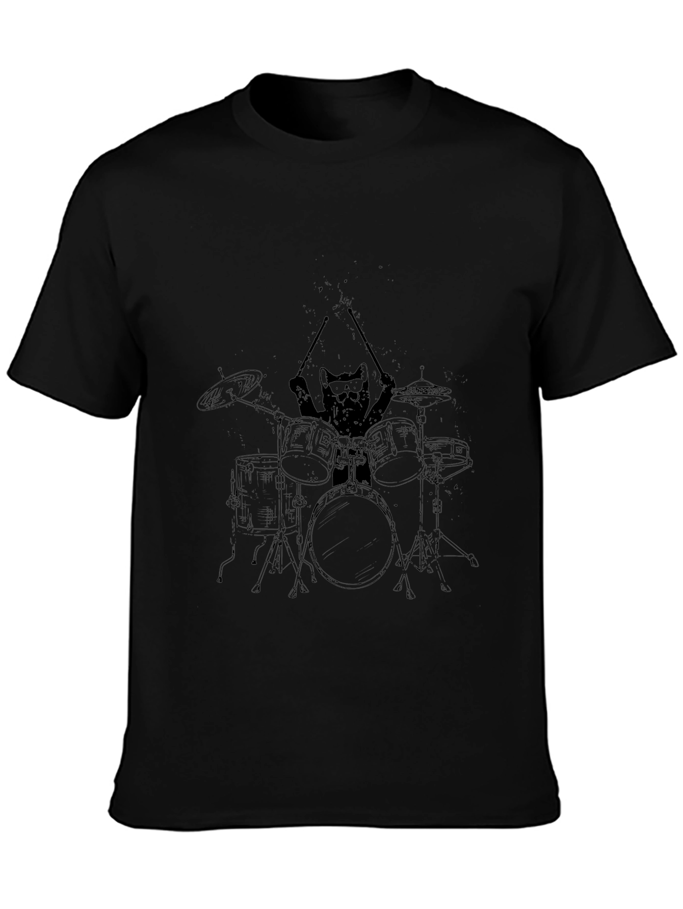 Cat Drummer Graphic Tee - Cool Black T-Shirt