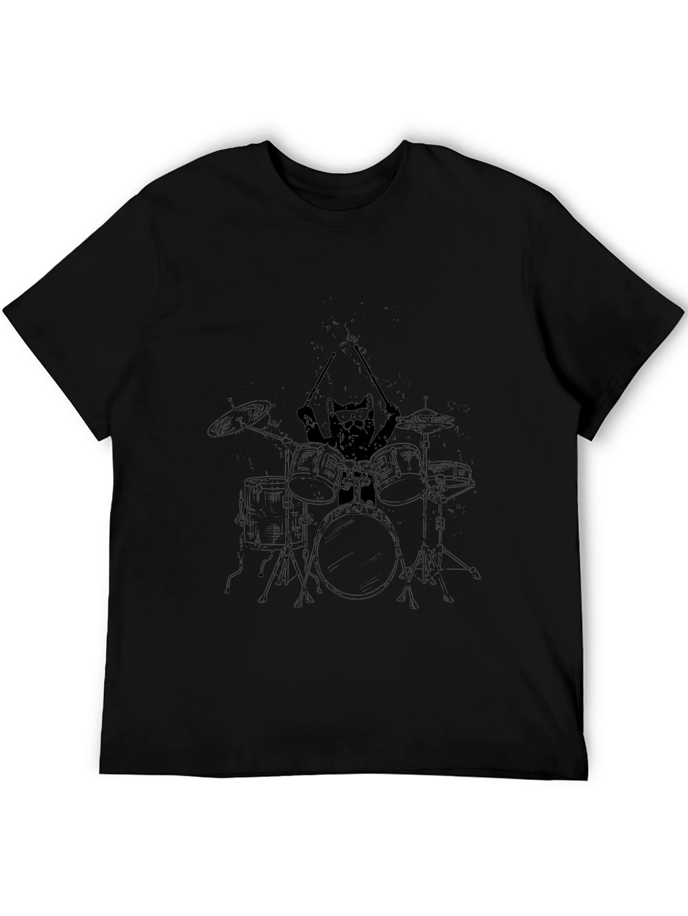Cat Drummer Graphic Tee - Cool Black T-Shirt