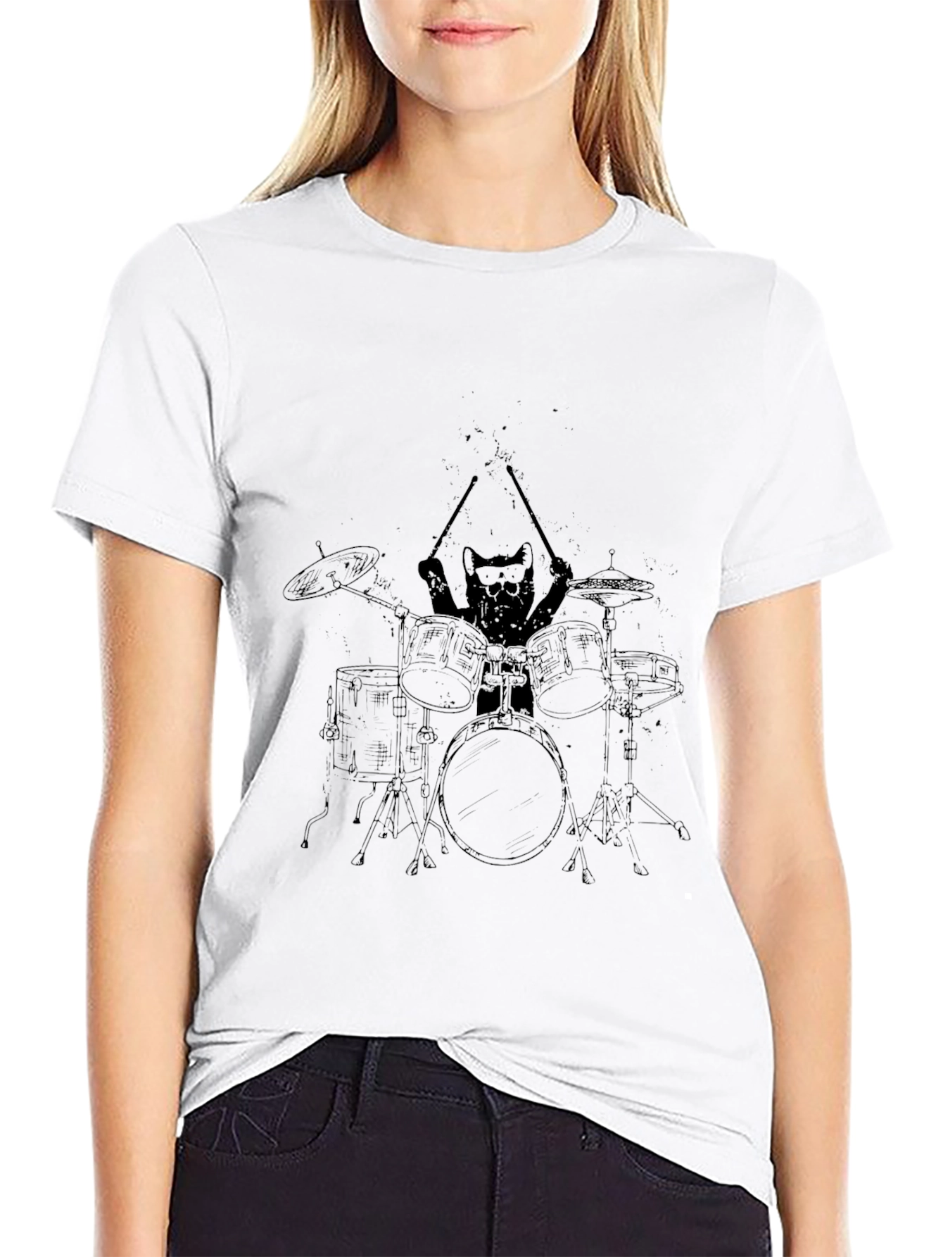 Cat Drummer Graphic Tee - Cool Black T-Shirt