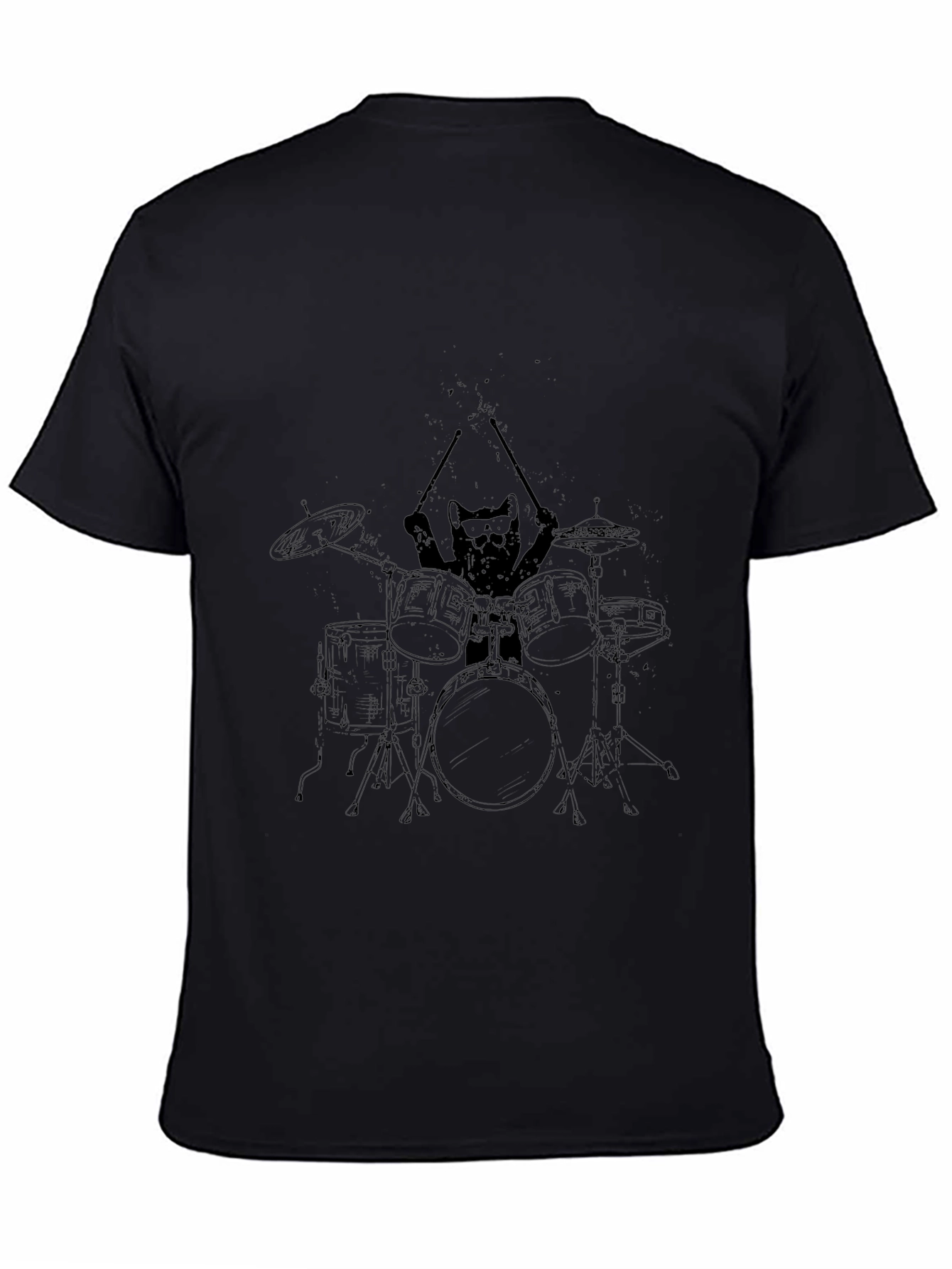 Cat Drummer Graphic Tee - Cool Black T-Shirt