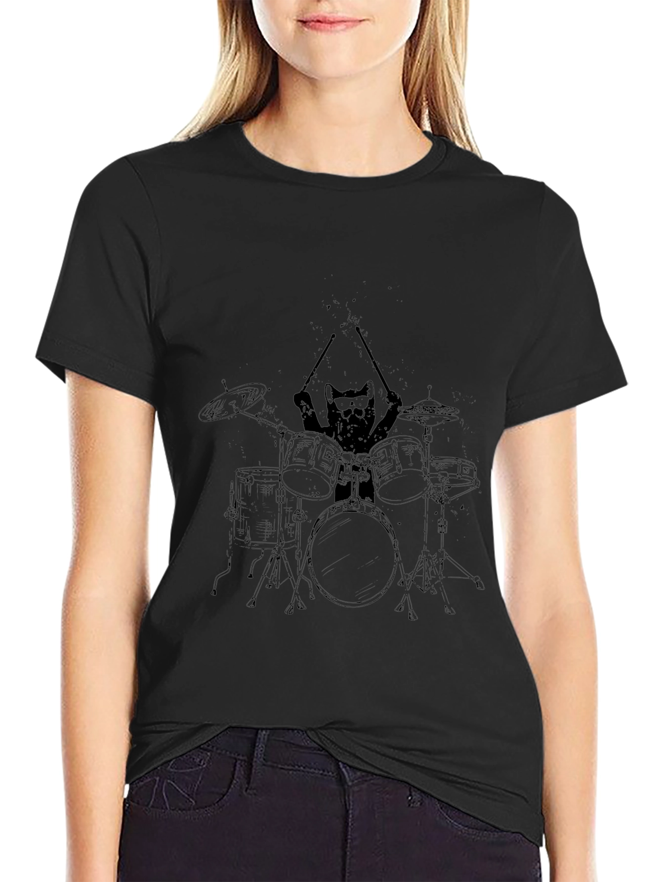 Cat Drummer Graphic Tee - Cool Black T-Shirt