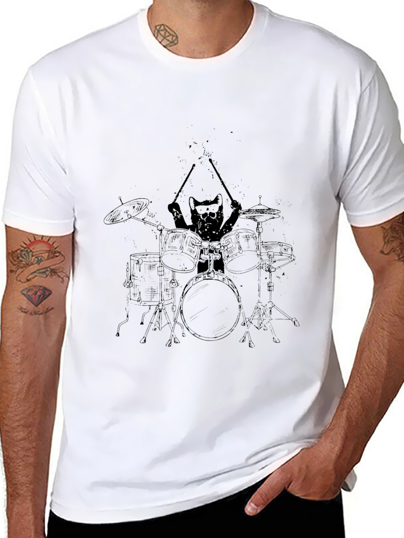 Cat Drummer Graphic Tee - Cool Black T-Shirt