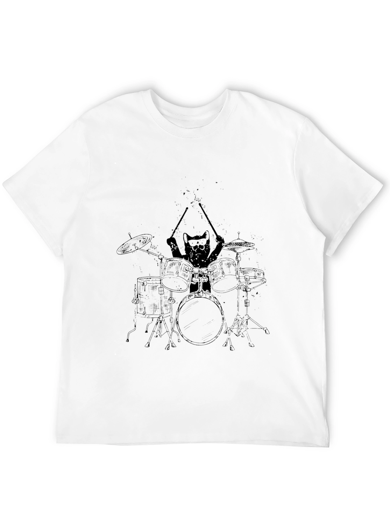 Cat Drummer Graphic Tee - Cool Black T-Shirt
