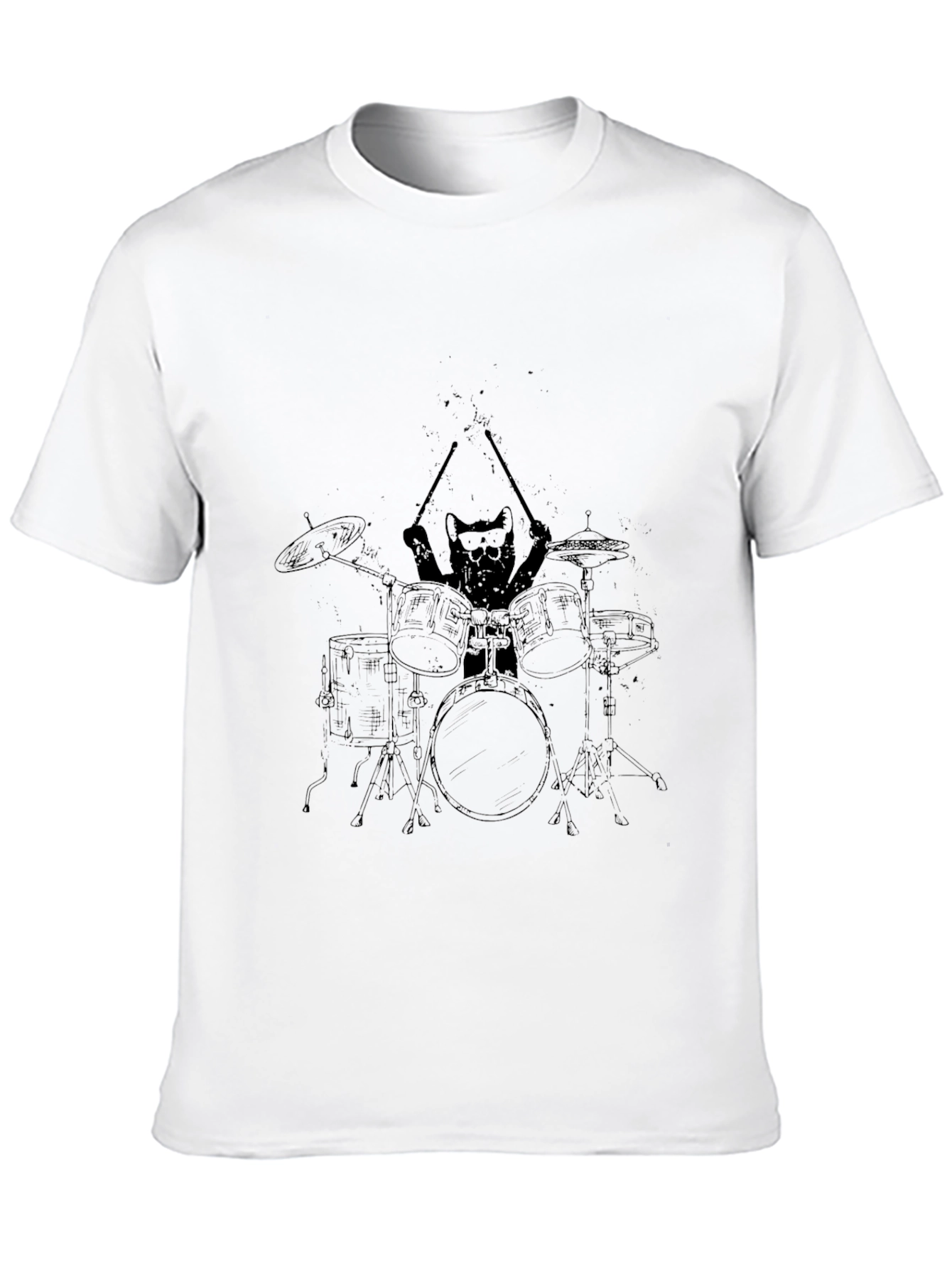 Cat Drummer Graphic Tee - Cool Black T-Shirt