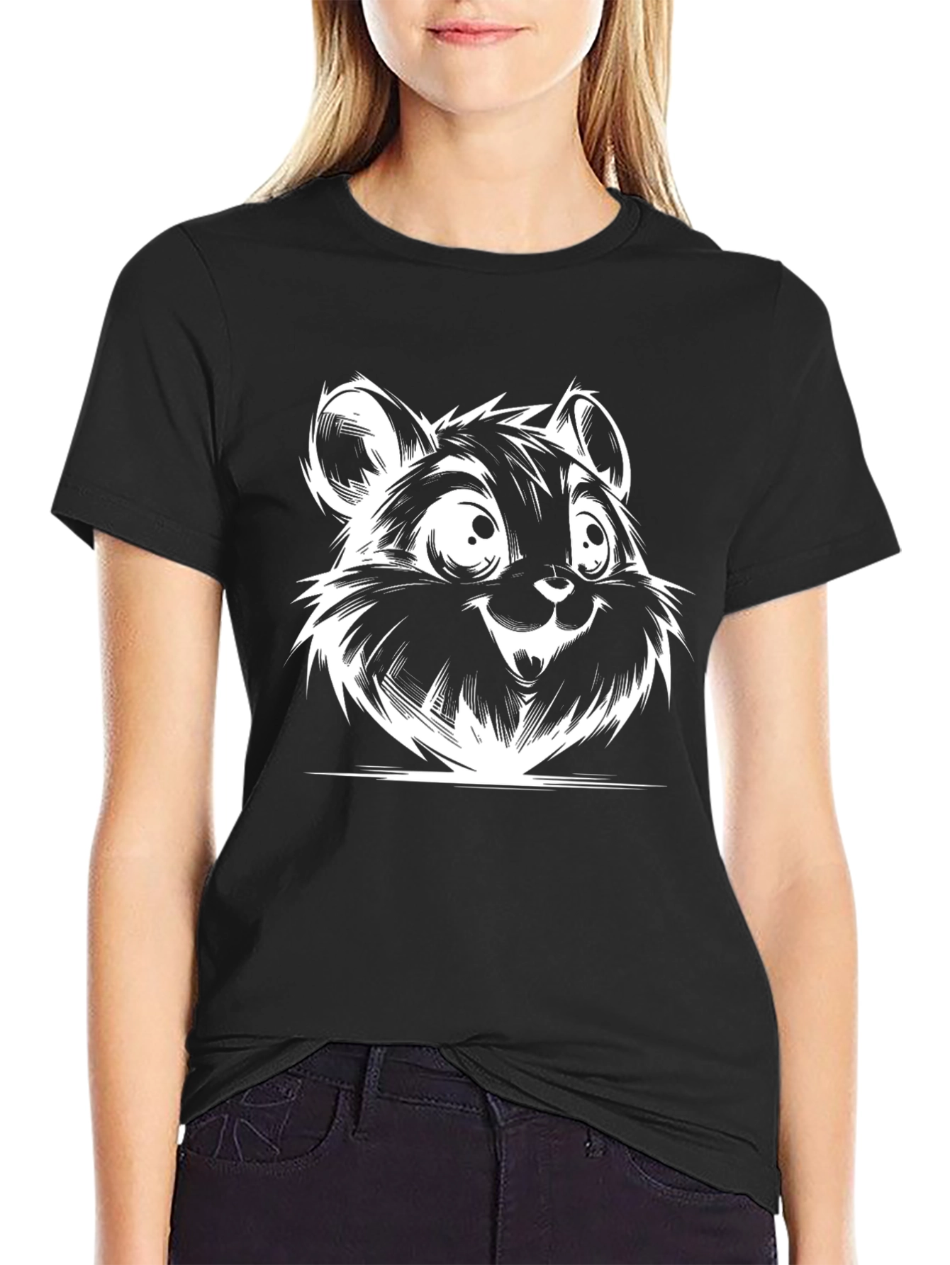 Cartoon Bear Graphic Tee - Black Cotton T-Shirt