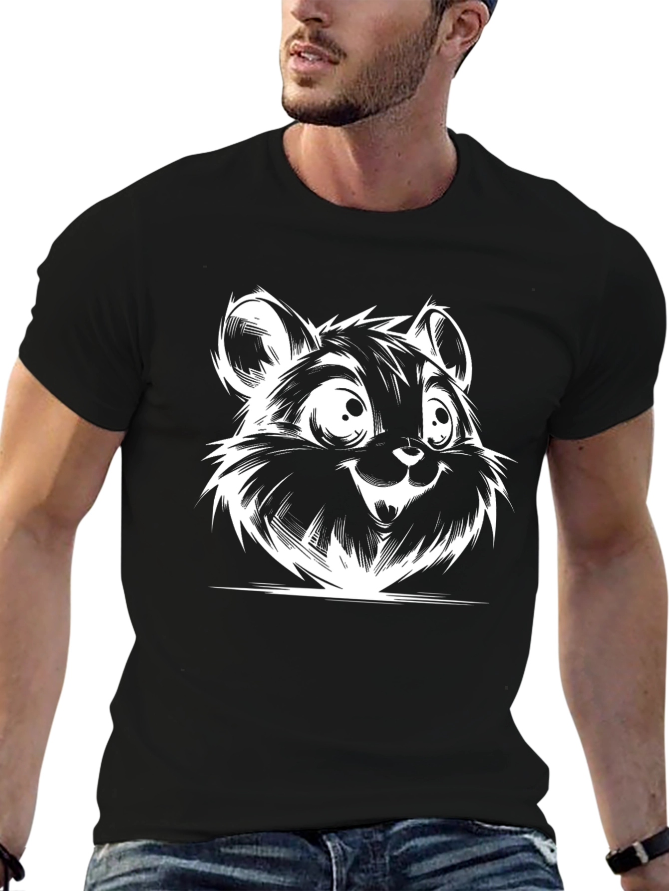 Cartoon Bear Graphic Tee - Black Cotton T-Shirt