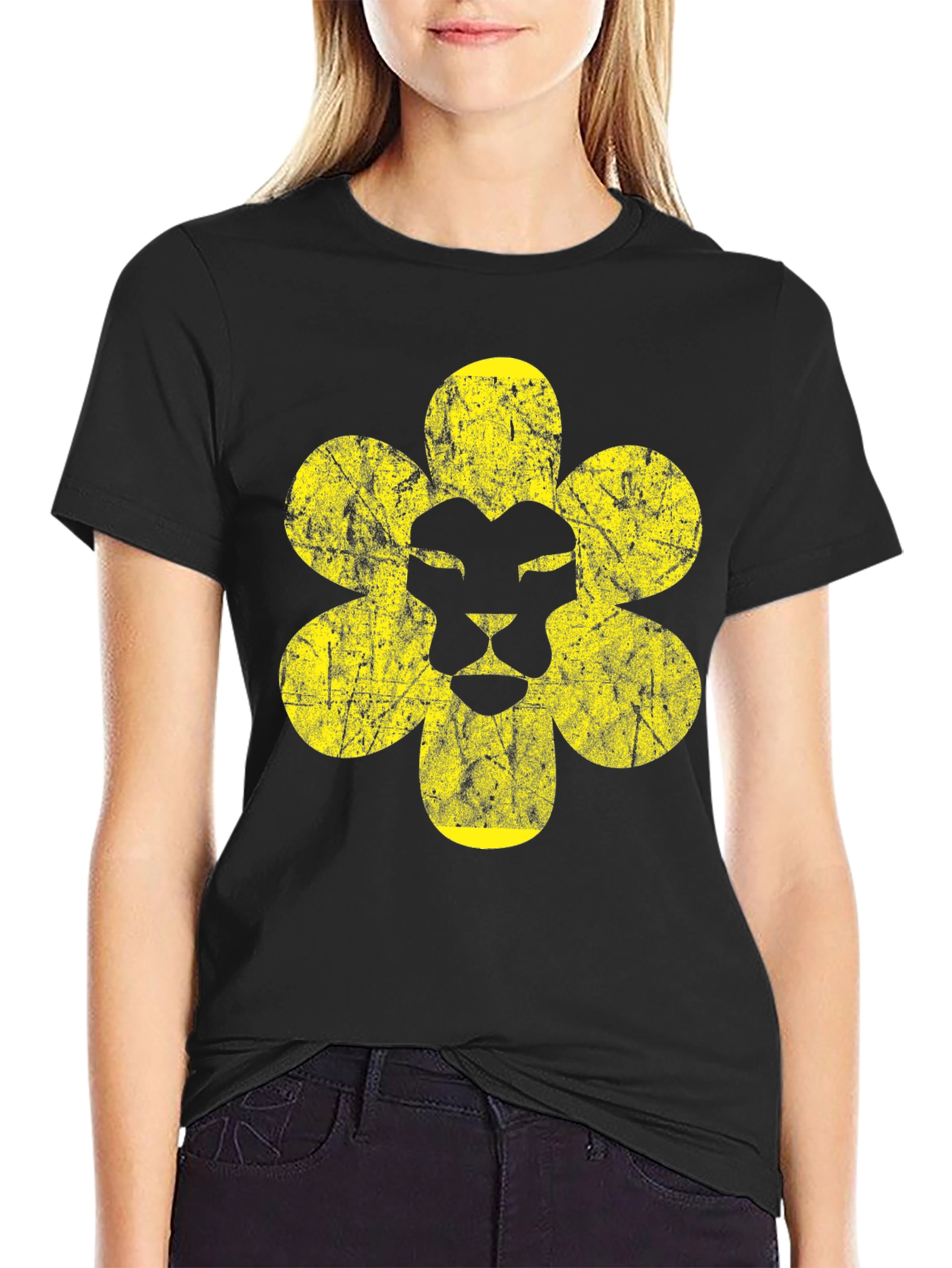 Lion Flower Graphic Print Black T-Shirt