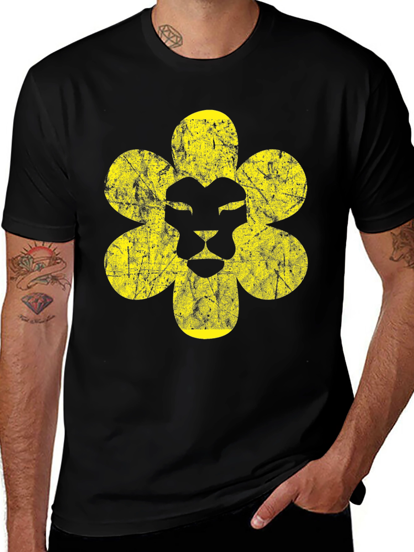 Lion Flower Graphic Print Black T-Shirt