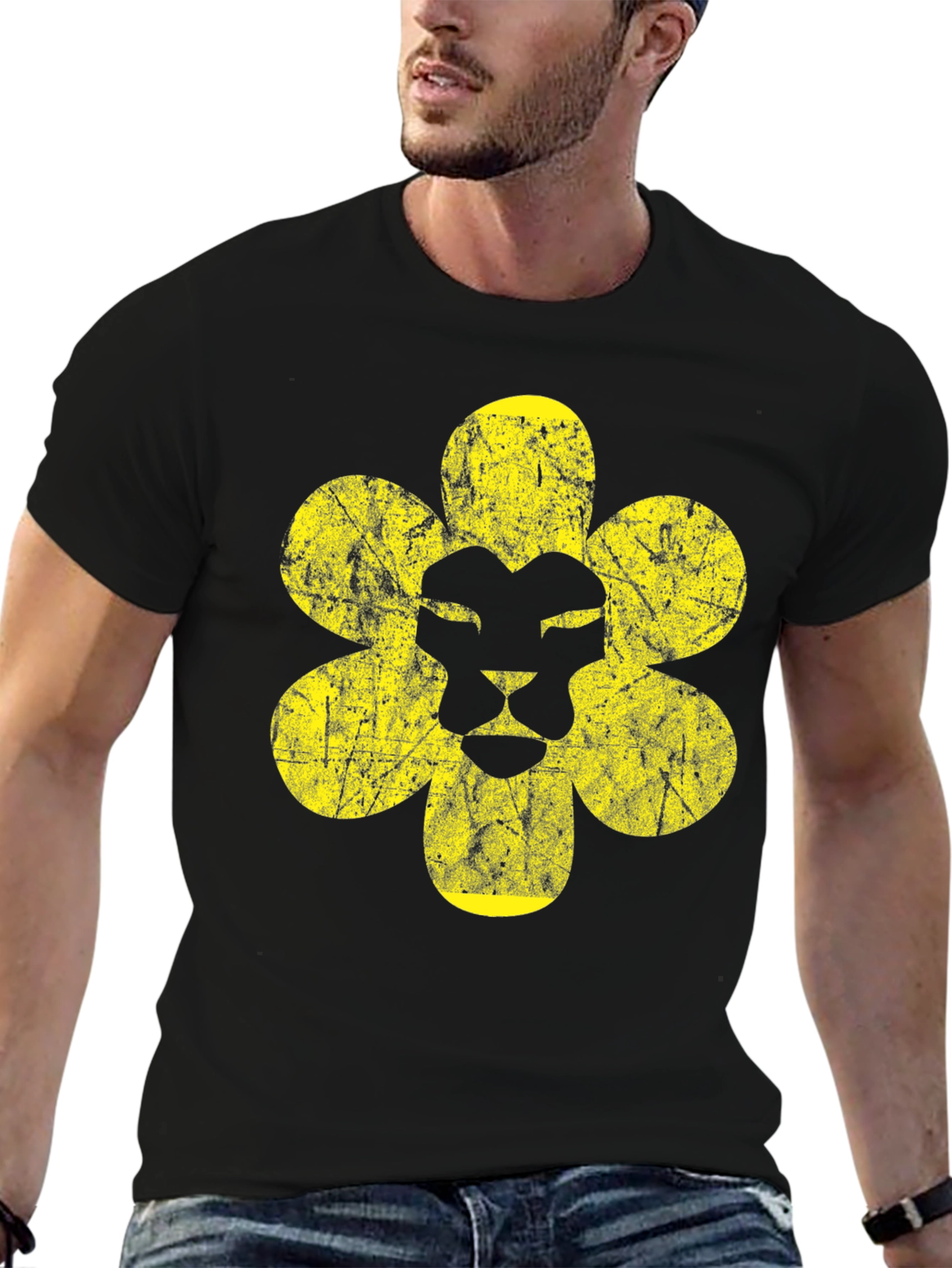 Lion Flower Graphic Print Black T-Shirt