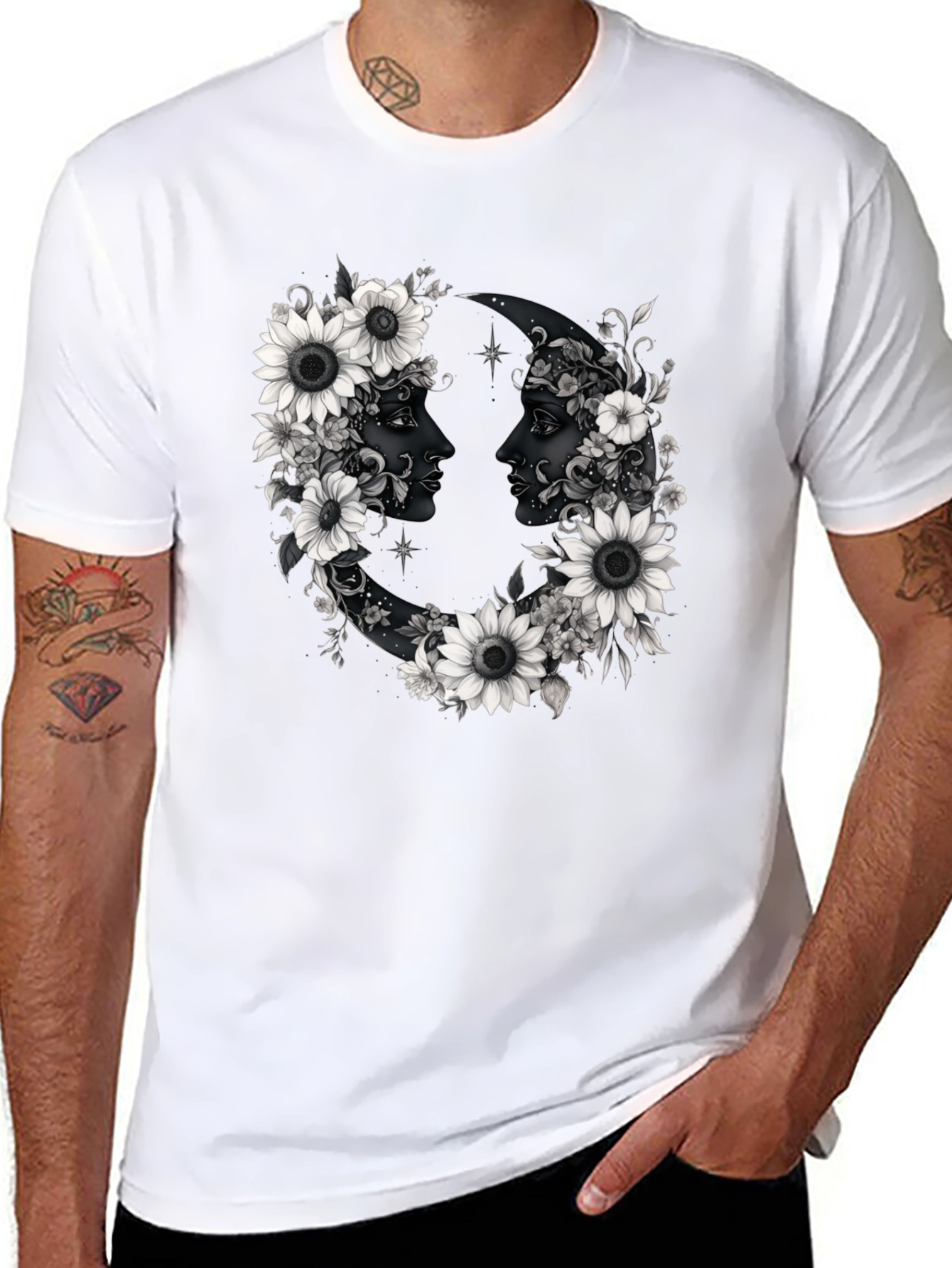 Floral Moon Faces Graphic Tee - Black