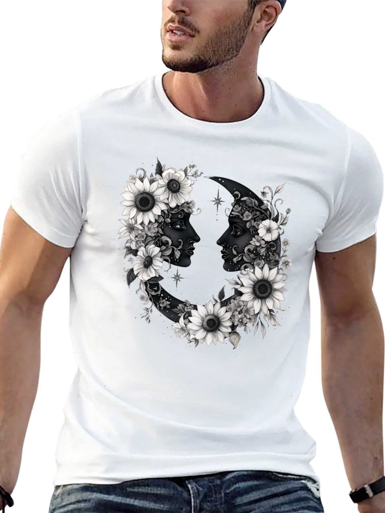 Floral Moon Faces Graphic Tee - Black