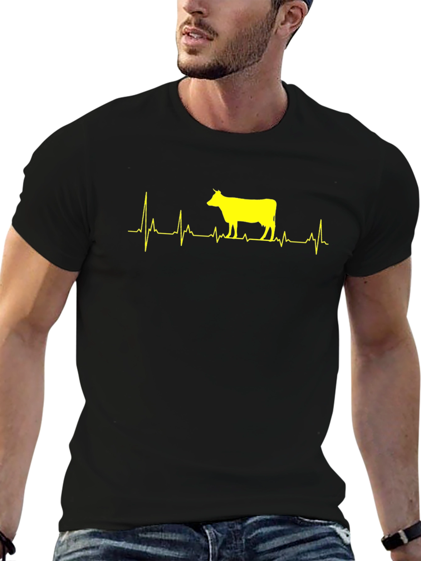 Cow Heartbeat T-Shirt - Mens Black Graphic Tee