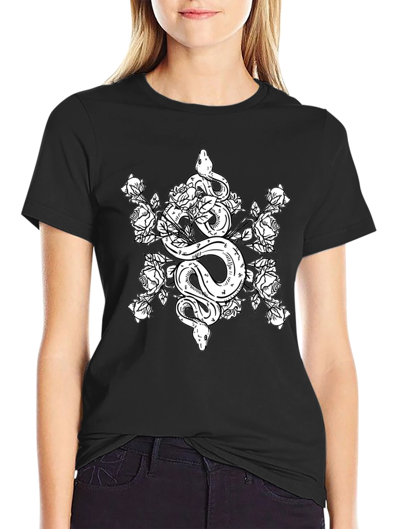 Snake & Roses Graphic Tee - Black Cotton T-Shirt