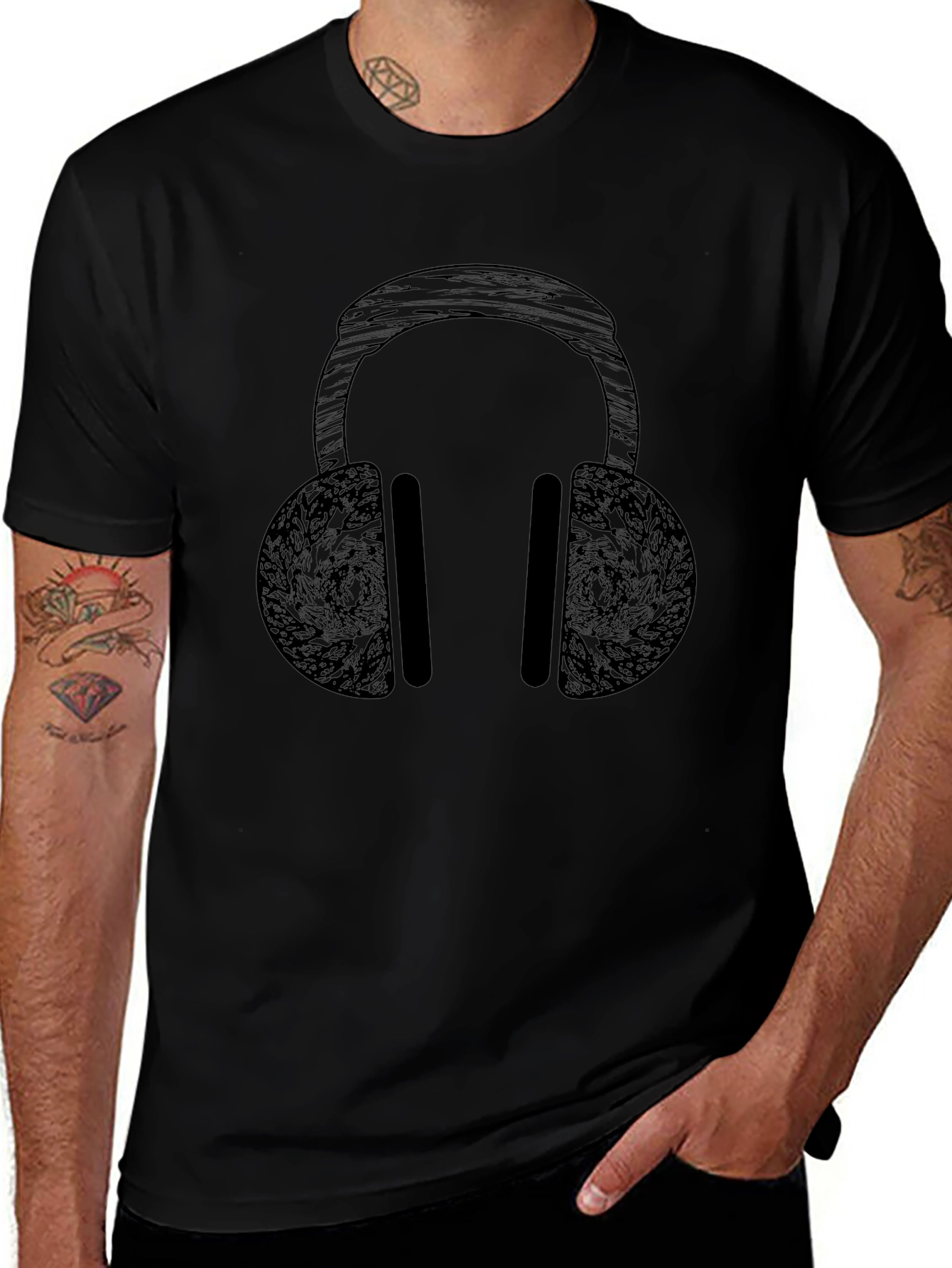 Abstract Headphones Graphic Black T-Shirt