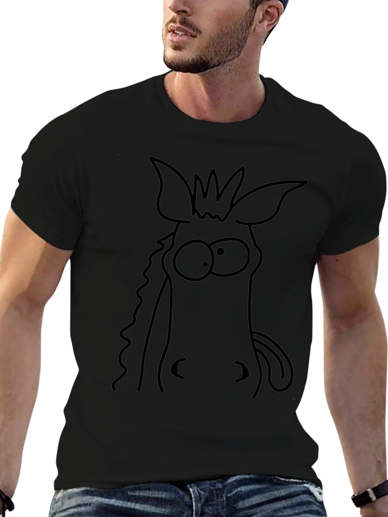 Cartoon Donkey Face Black T-Shirt