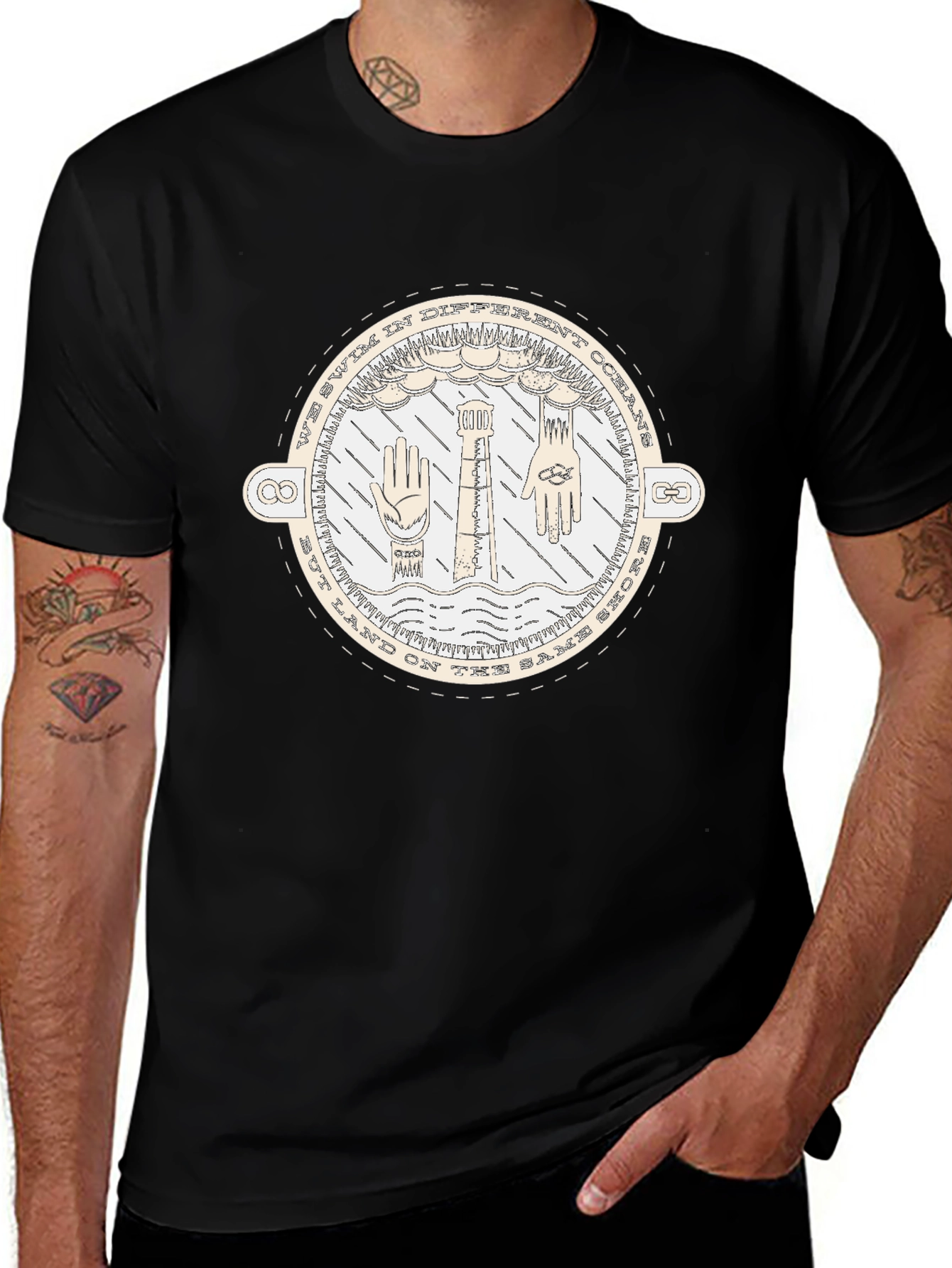 Unisex Black T-Shirt with Nautical-Themed Graphic