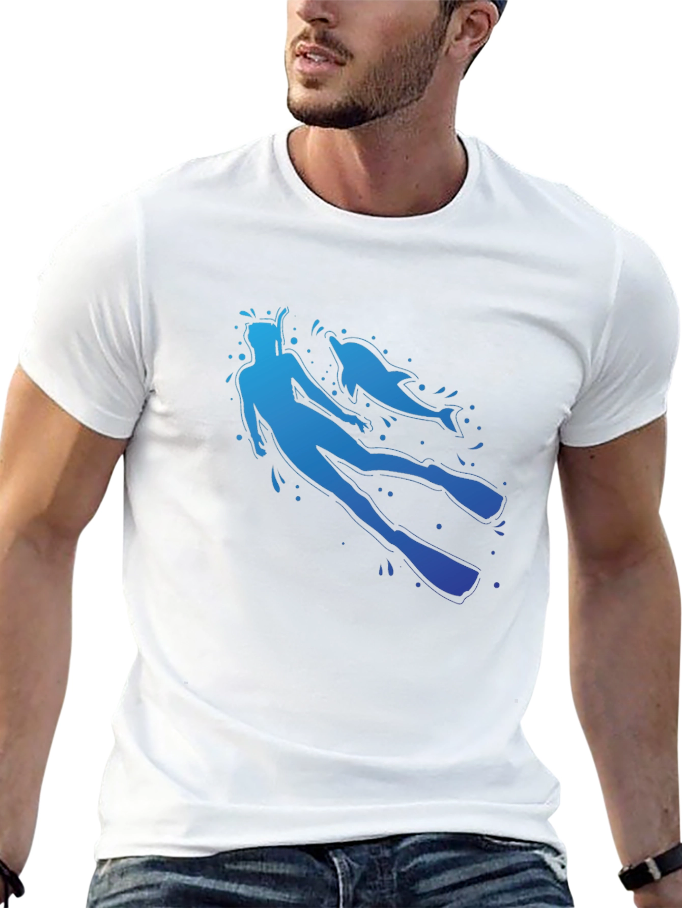 Diver and Dolphin Graphic T-Shirt - Black Crew Neck
