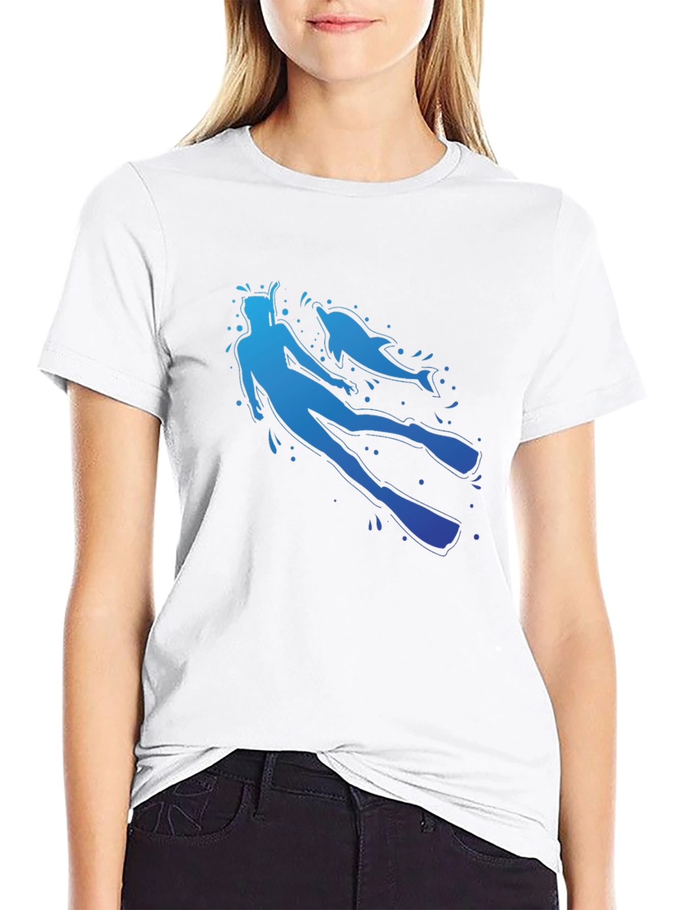 Diver and Dolphin Graphic T-Shirt - Black Crew Neck