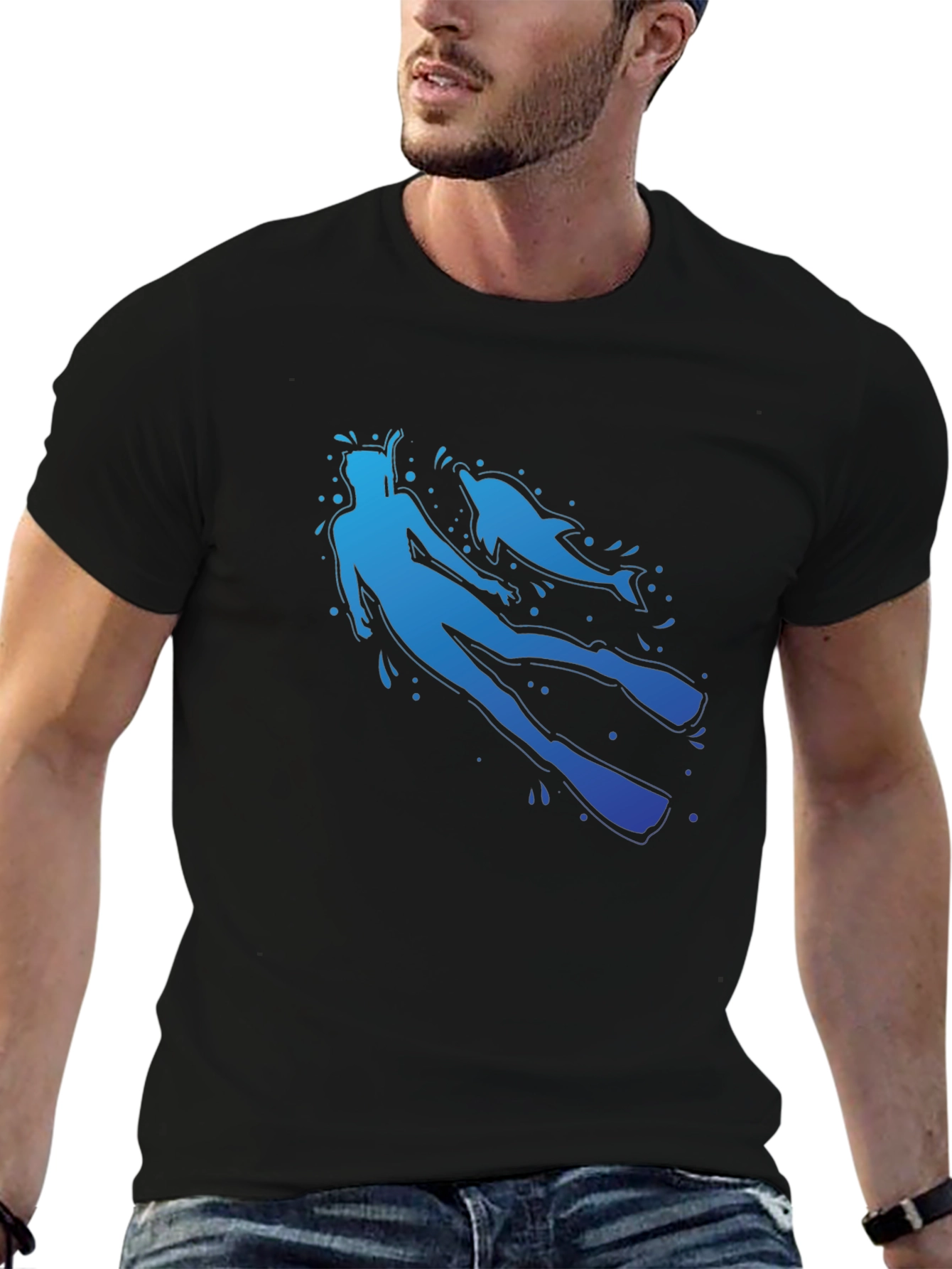 Diver and Dolphin Graphic T-Shirt - Black Crew Neck