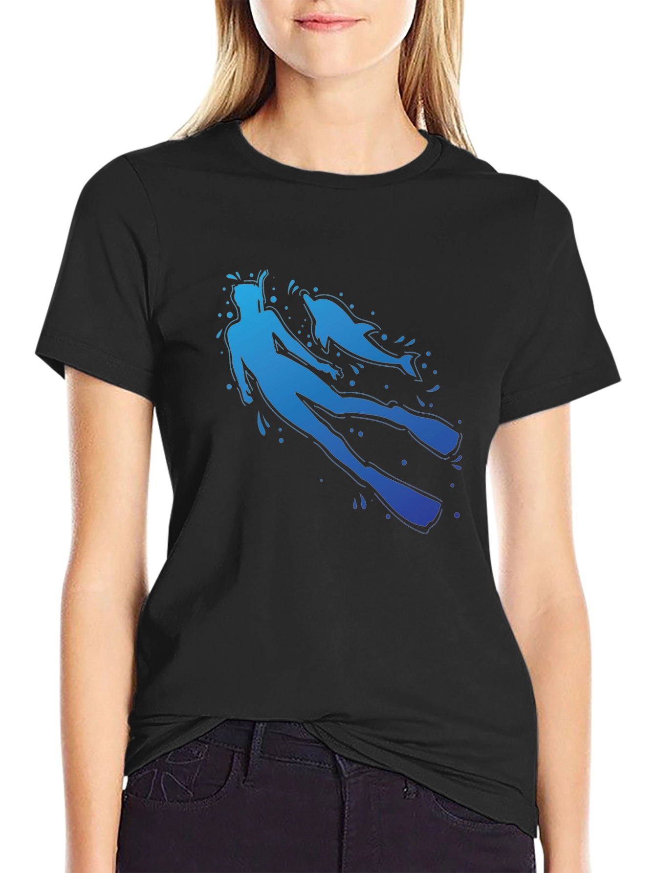 Diver and Dolphin Graphic T-Shirt - Black Crew Neck