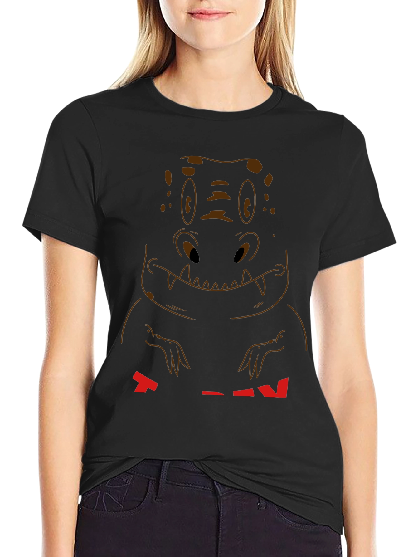 Cartoon Dinosaur Graphic Tee - Casual Black T-Shirt