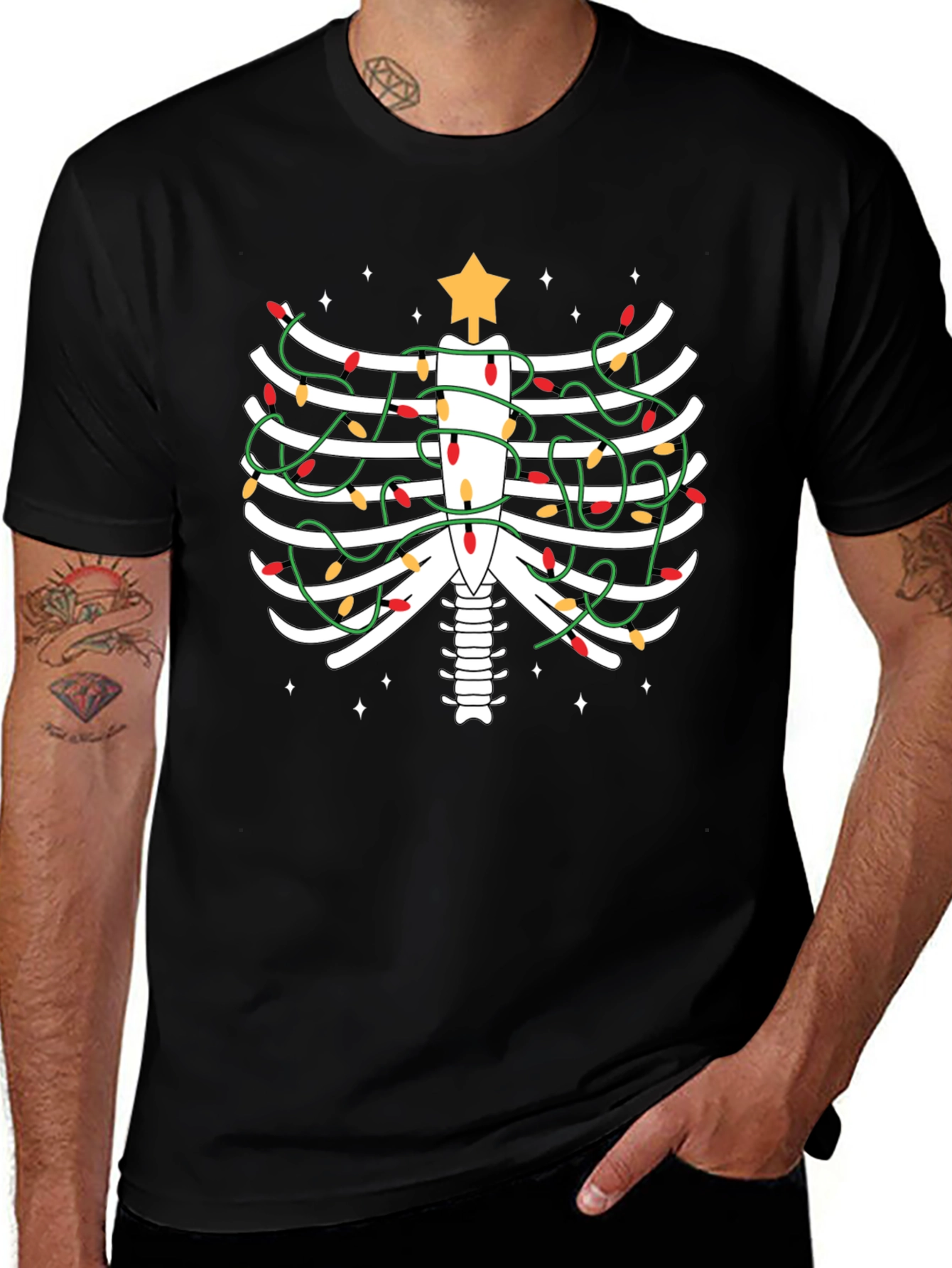 Festive Skeleton Rib Cage Christmas Lights T-Shirt