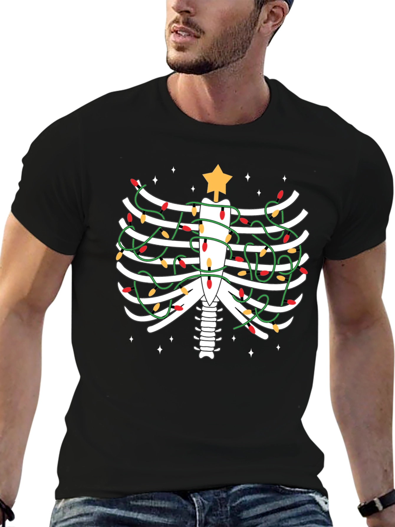 Festive Skeleton Rib Cage Christmas Lights T-Shirt