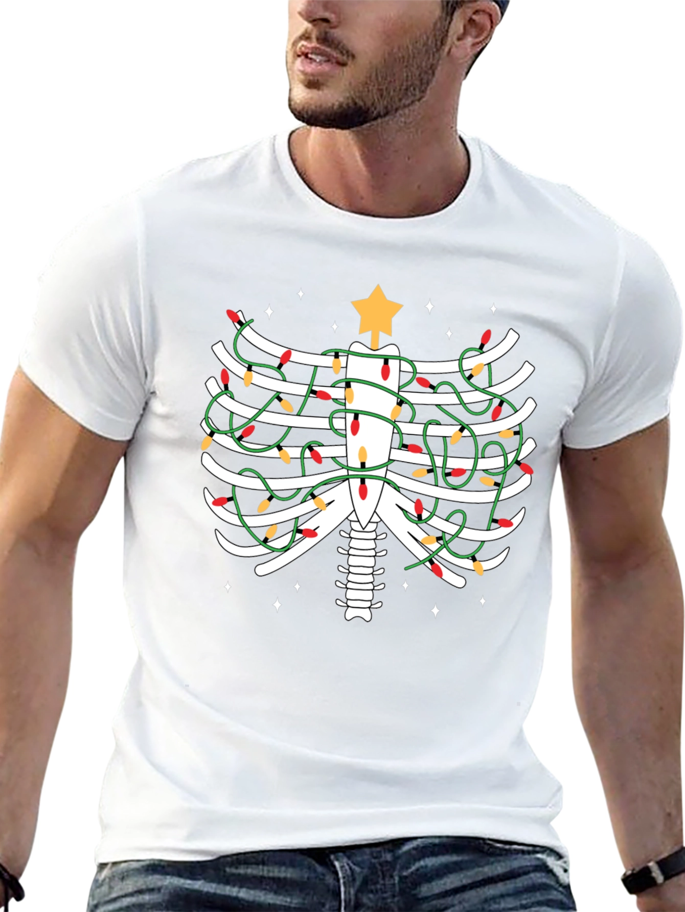 Festive Skeleton Rib Cage Christmas Lights T-Shirt