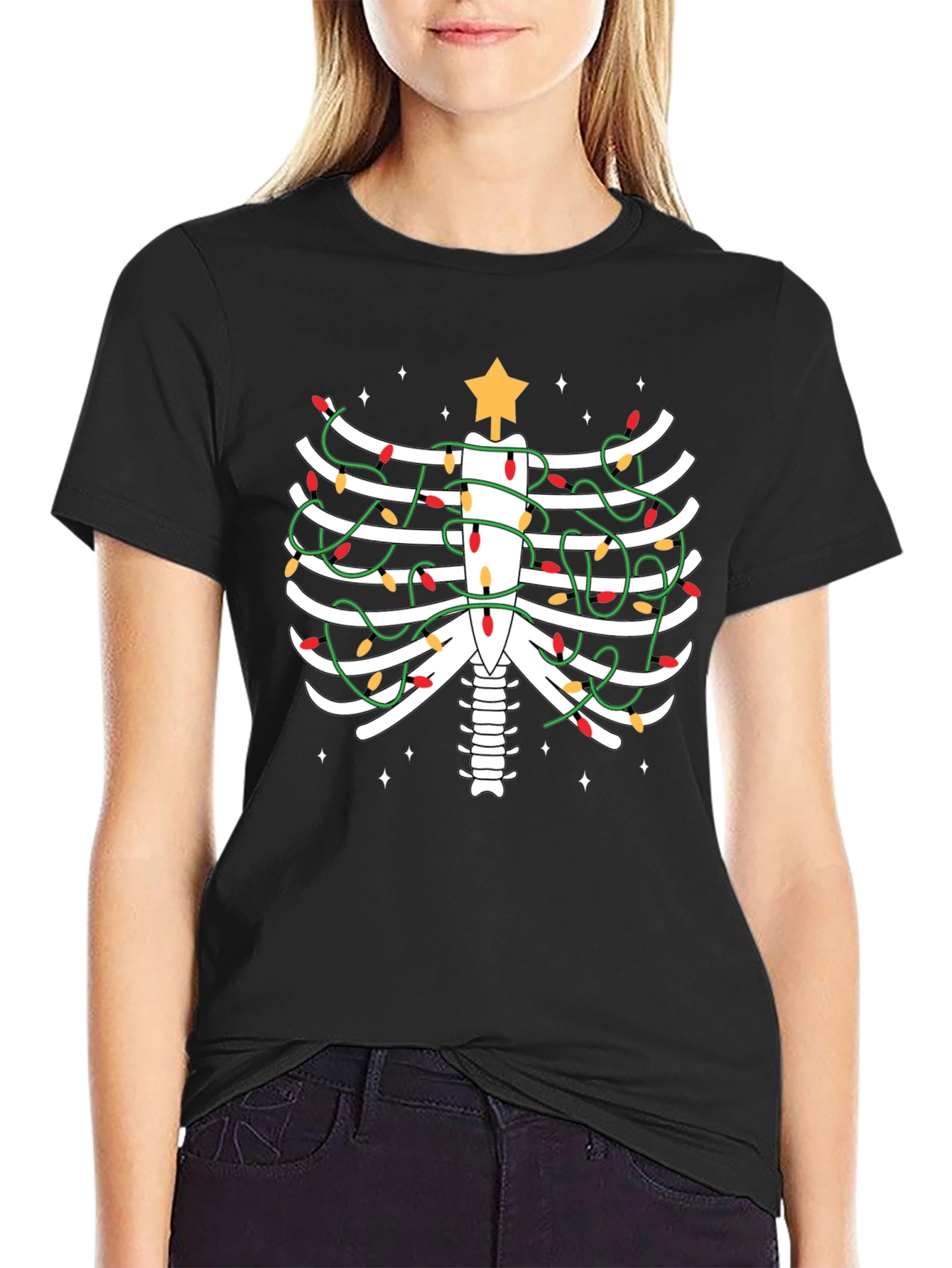 Festive Skeleton Rib Cage Christmas Lights T-Shirt