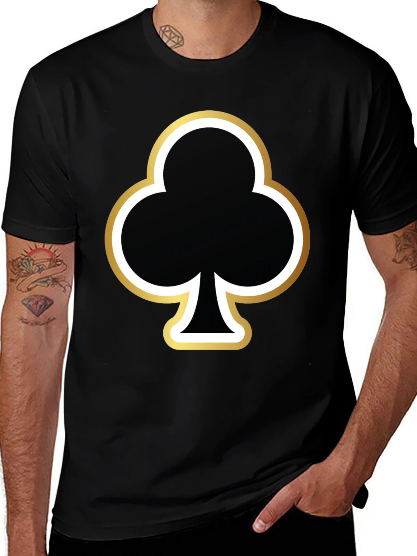 Black T-Shirt with Club Card Suit Graphic Print