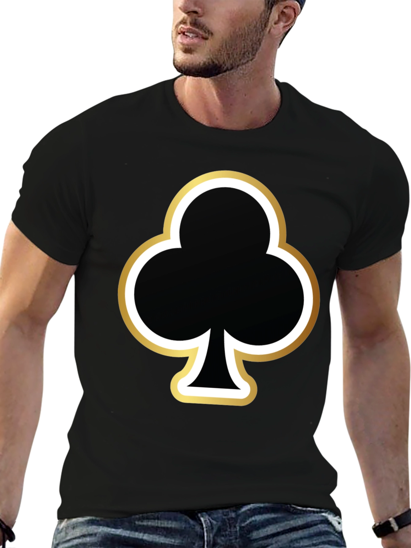 Black T-Shirt with Club Card Suit Graphic Print