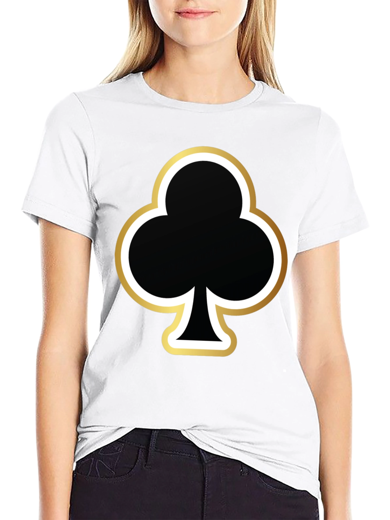 Black T-Shirt with Club Card Suit Graphic Print