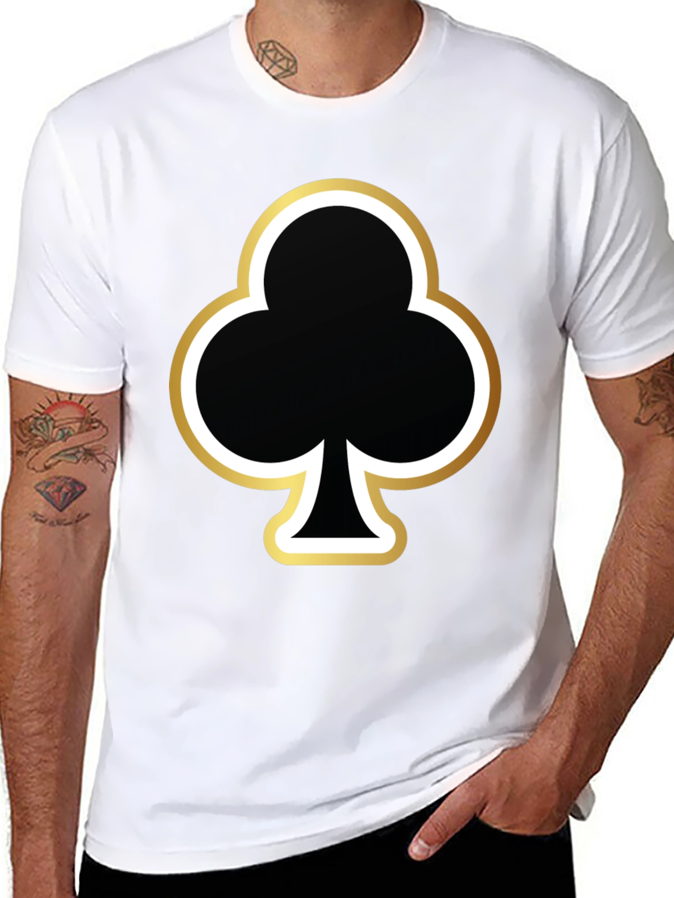 Black T-Shirt with Club Card Suit Graphic Print