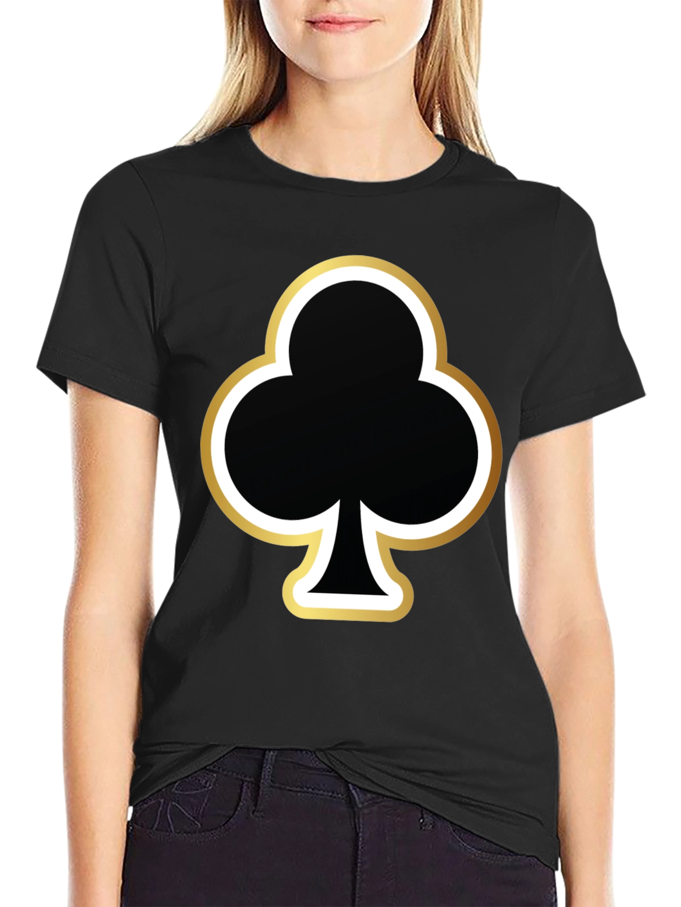 Black T-Shirt with Club Card Suit Graphic Print