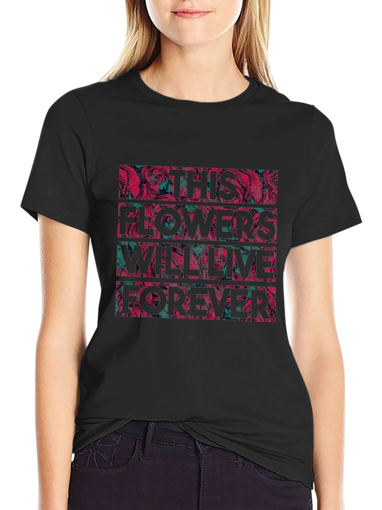 Floral Typography Graphic Print Black T-shirt