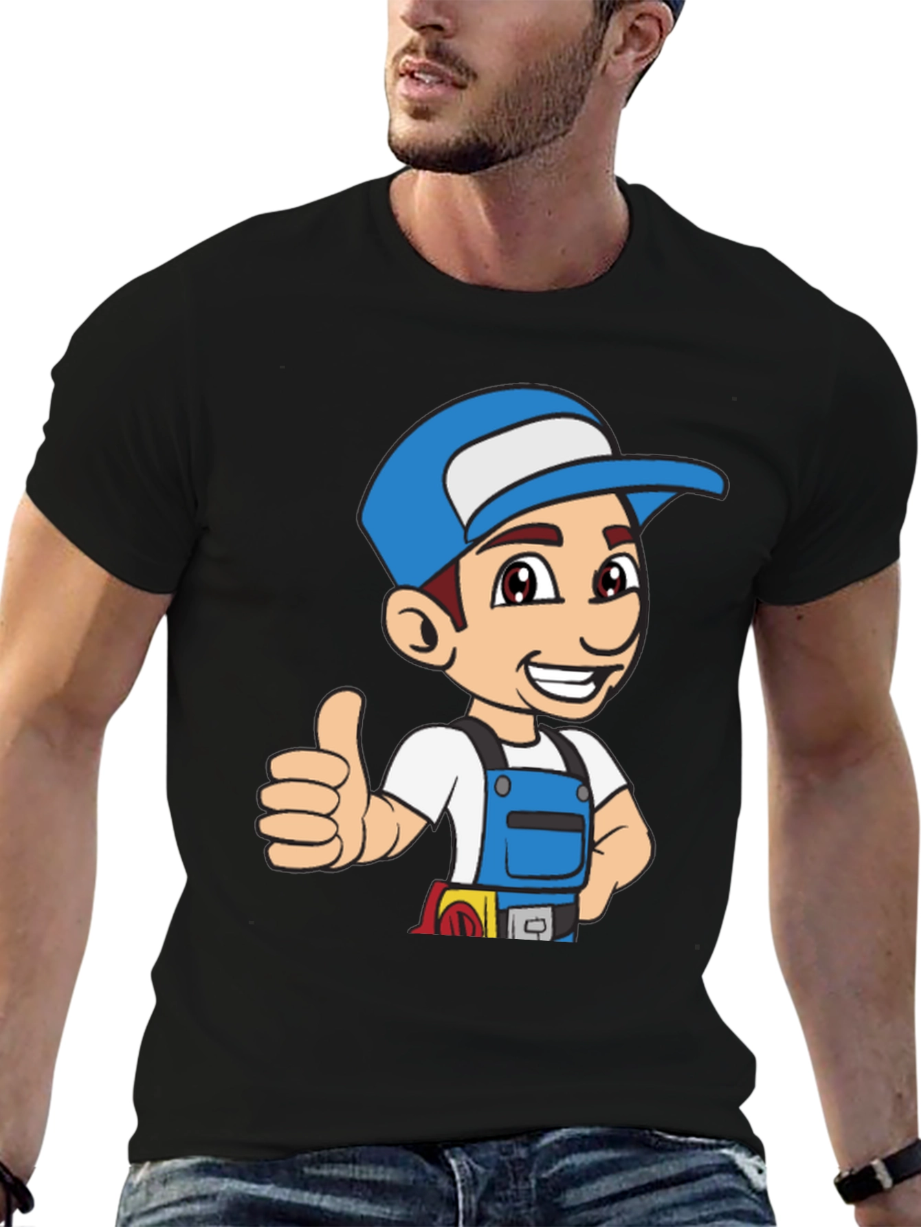 Cartoon Handyman Graphic T-Shirt - Black