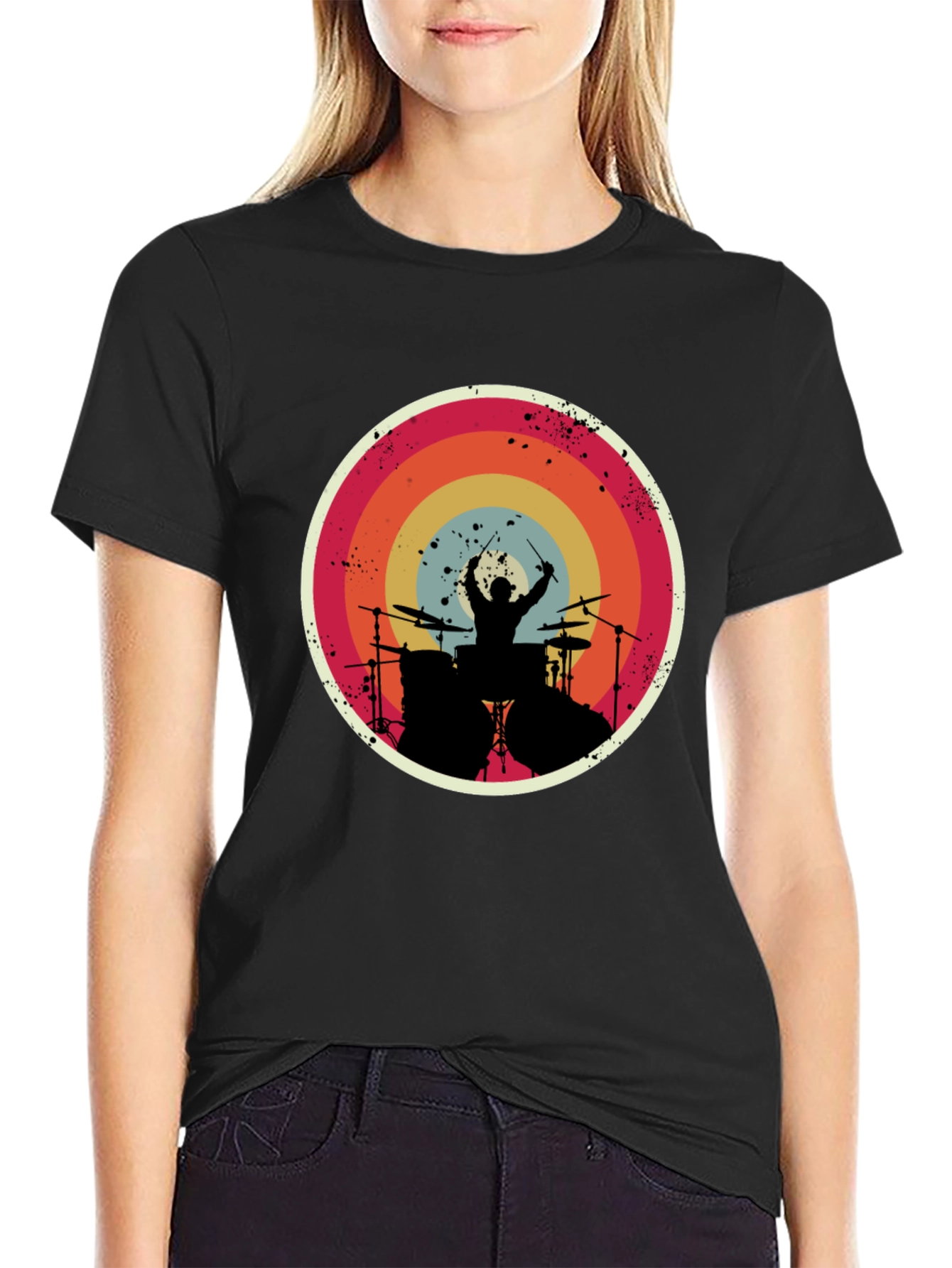 Drummer Silhouette Graphic Tee - Retro Style