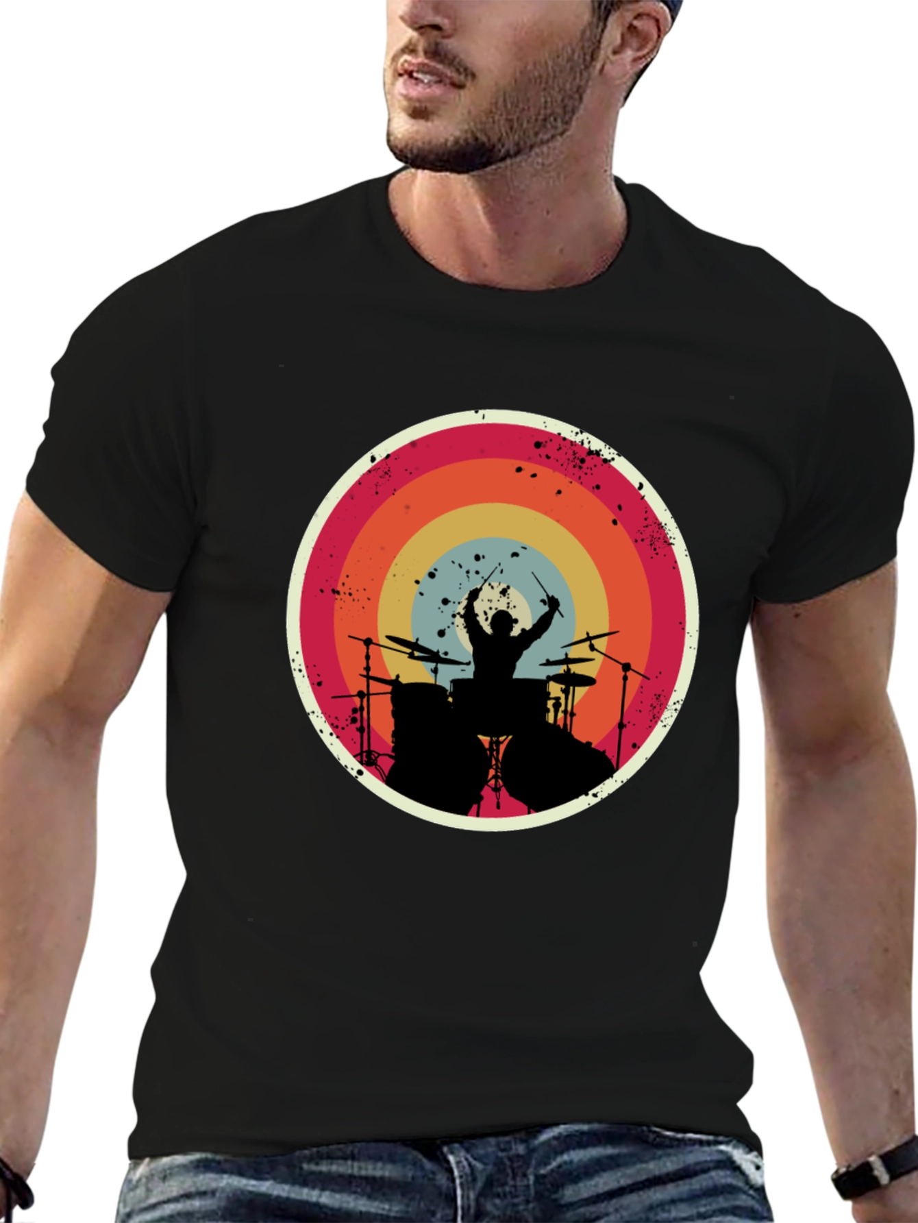 Drummer Silhouette Graphic Tee - Retro Style