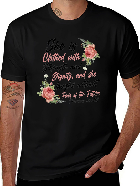 Floral Scripture T-Shirt - She is Clothed with Strength