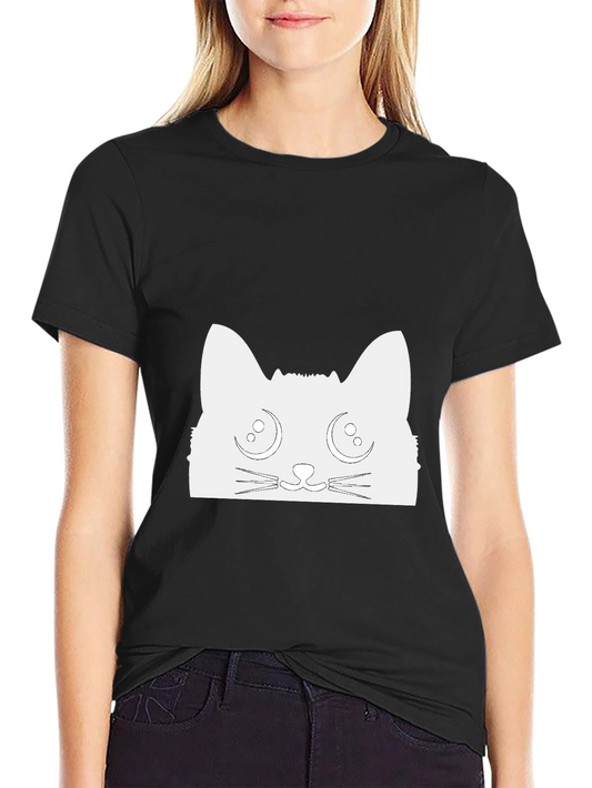 Cute Cat Graphic Tee - Black Cotton T-Shirt