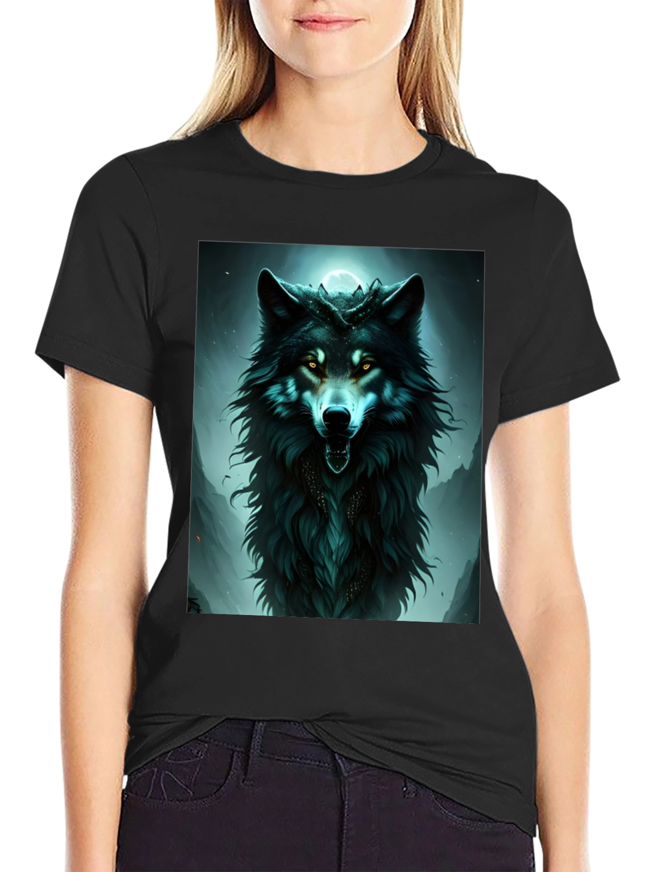 Mystic Wolf Graphic Tee - Black Cotton Comfort